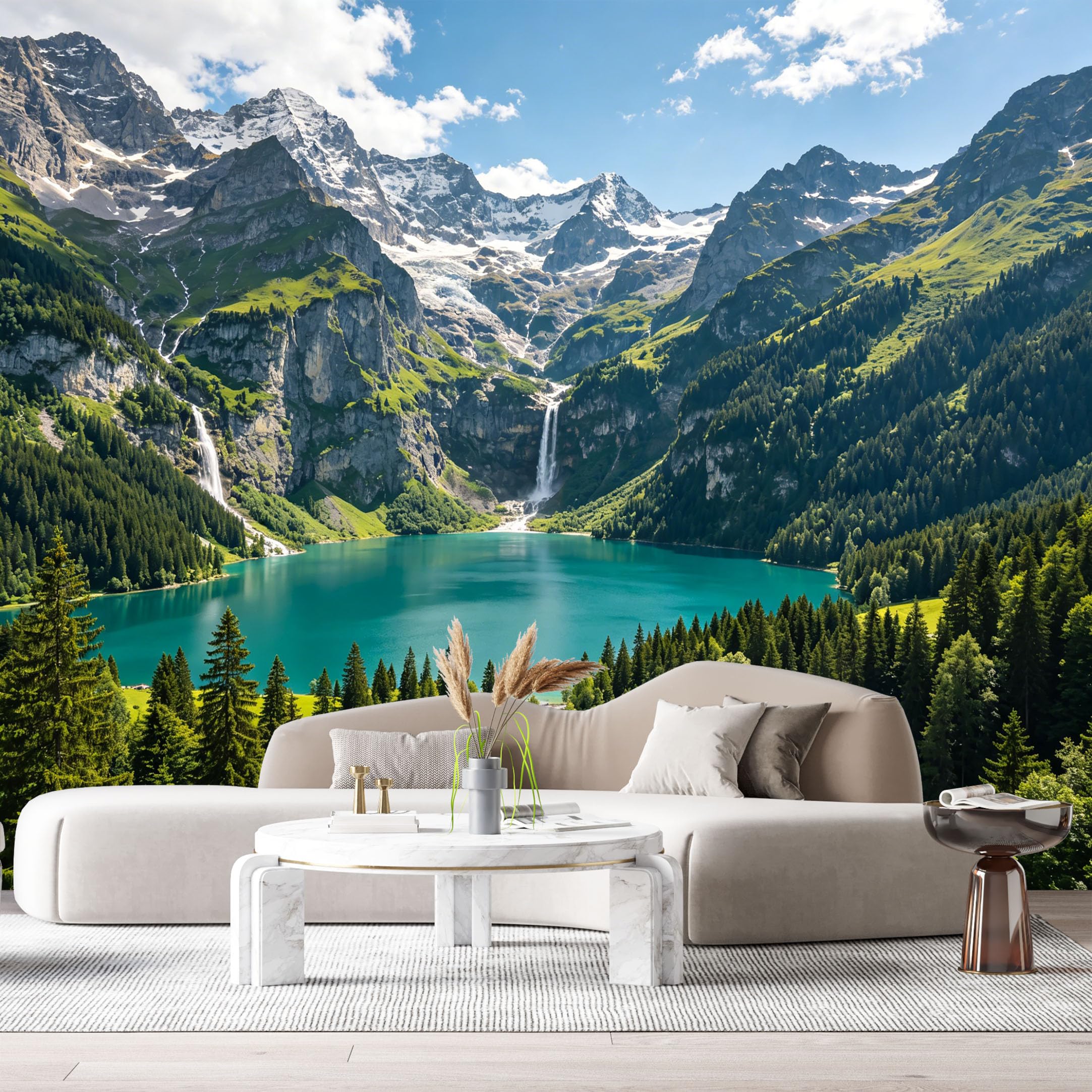 Custom Size Wall Murals Mountain Lake Landscape Alpine Waterfall Pine Forest Scenic View SelfAdhesive Wall Fabric Removable Large Wallpaper for Photo Living Room