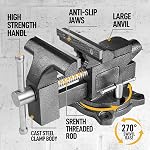Banc Vise 4-1/2", Vice pour banc de travail avec construction en acier forgé lourd, pied de tuyau intégré et base pivotante, Table Vise pour le travail du bois, utilisation d'atelier à domicile et DIY Emploi
