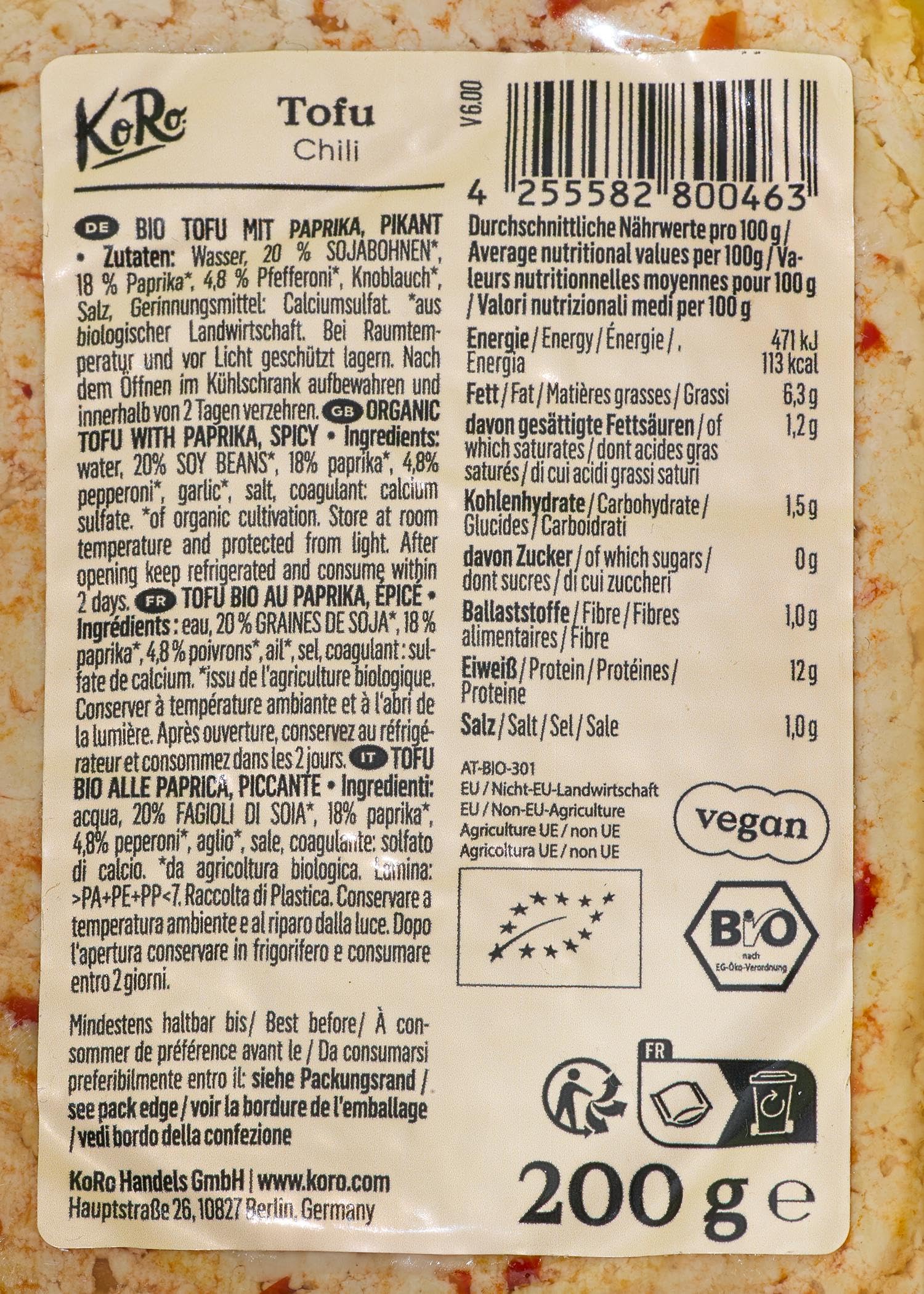 KoRo - Tofu bio au piment 8 x 200 g - Goût épicé et piquant - Source de protéines végétales - Qualité biologique