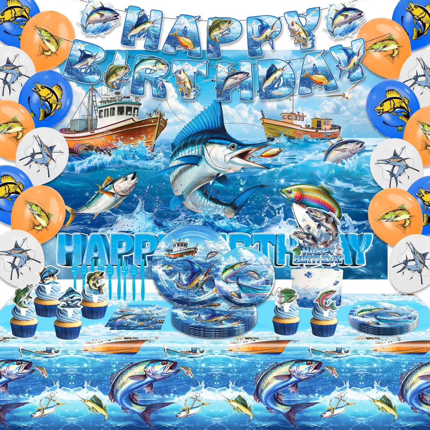 Fishing Birthday Party Decorations，Gone Fishing Party Decorations，Fishing Birthday Decorations， Set Include Balloons,Backdrop,Banner, Cake Toppers，Plates，Tableware, Tablecloth