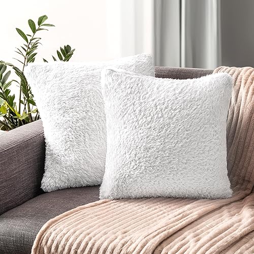 PAVILIA Fundas de almohada blancas esponjosas, fundas de almohada decorativas para cama, sofá, funda de cojín de piel sintética suave, fundas de