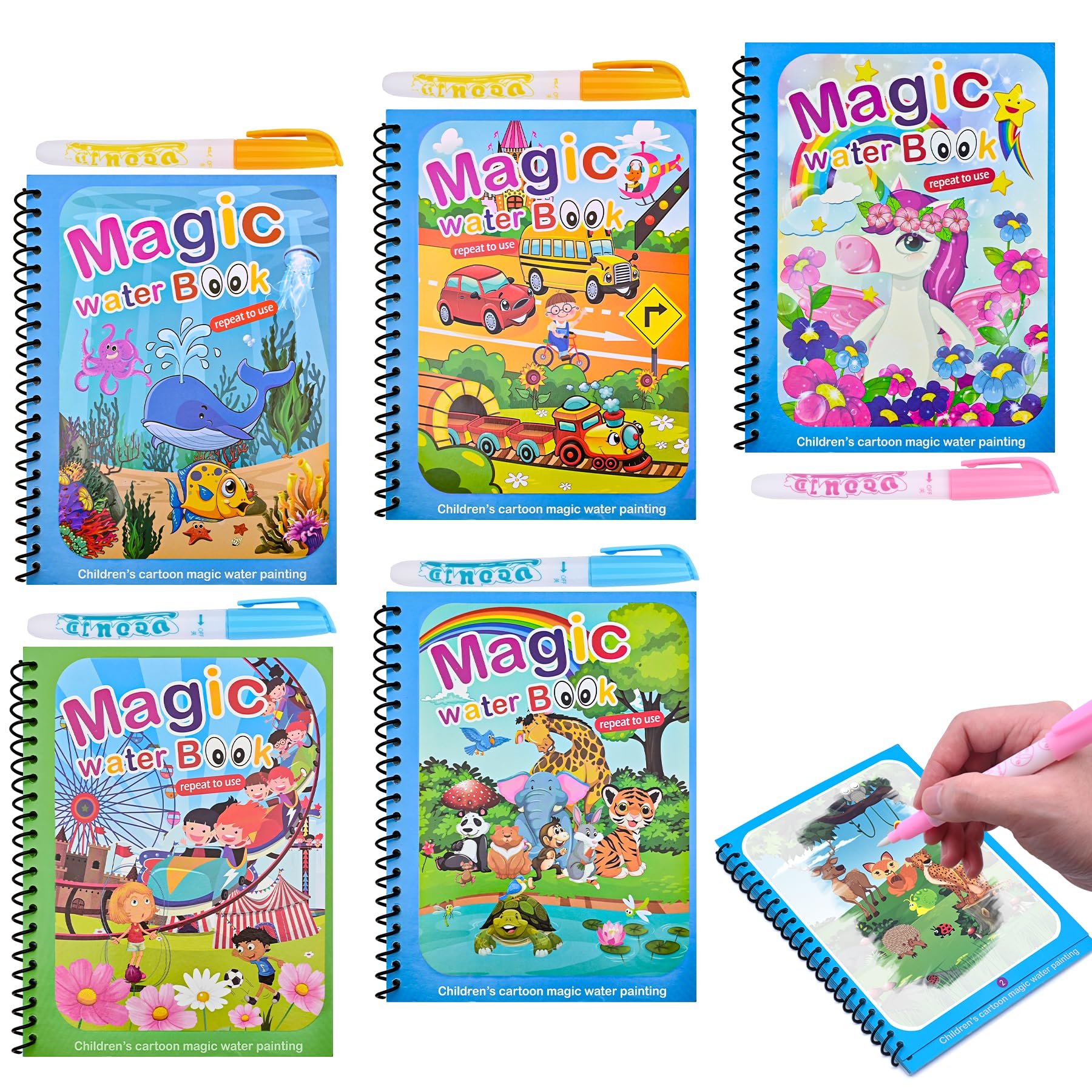 Damcyer 5 Pezzi Libro di Pittura ad Acqua per Bambini con 5 Penna Acqua, 5 Temi Riutilizzabile Magic Water Book, Libri ad Acqua da Colorare Bambini, Libro da Disegno ad Acqua per Bambini da 3 Anni, A