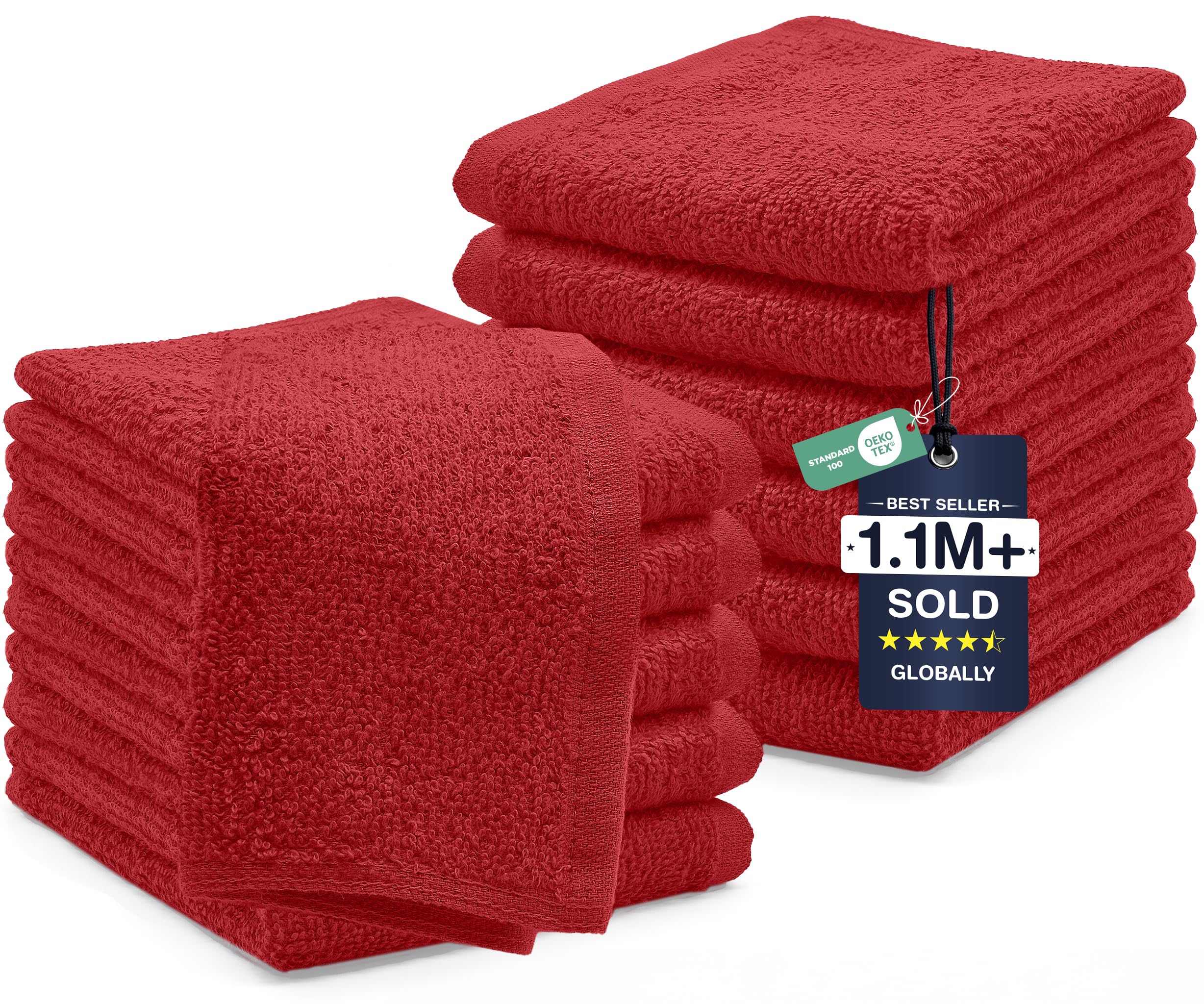 DAN RIVER 12 Pack Cotton Wash Cloths Set for Showering [12x12] Red