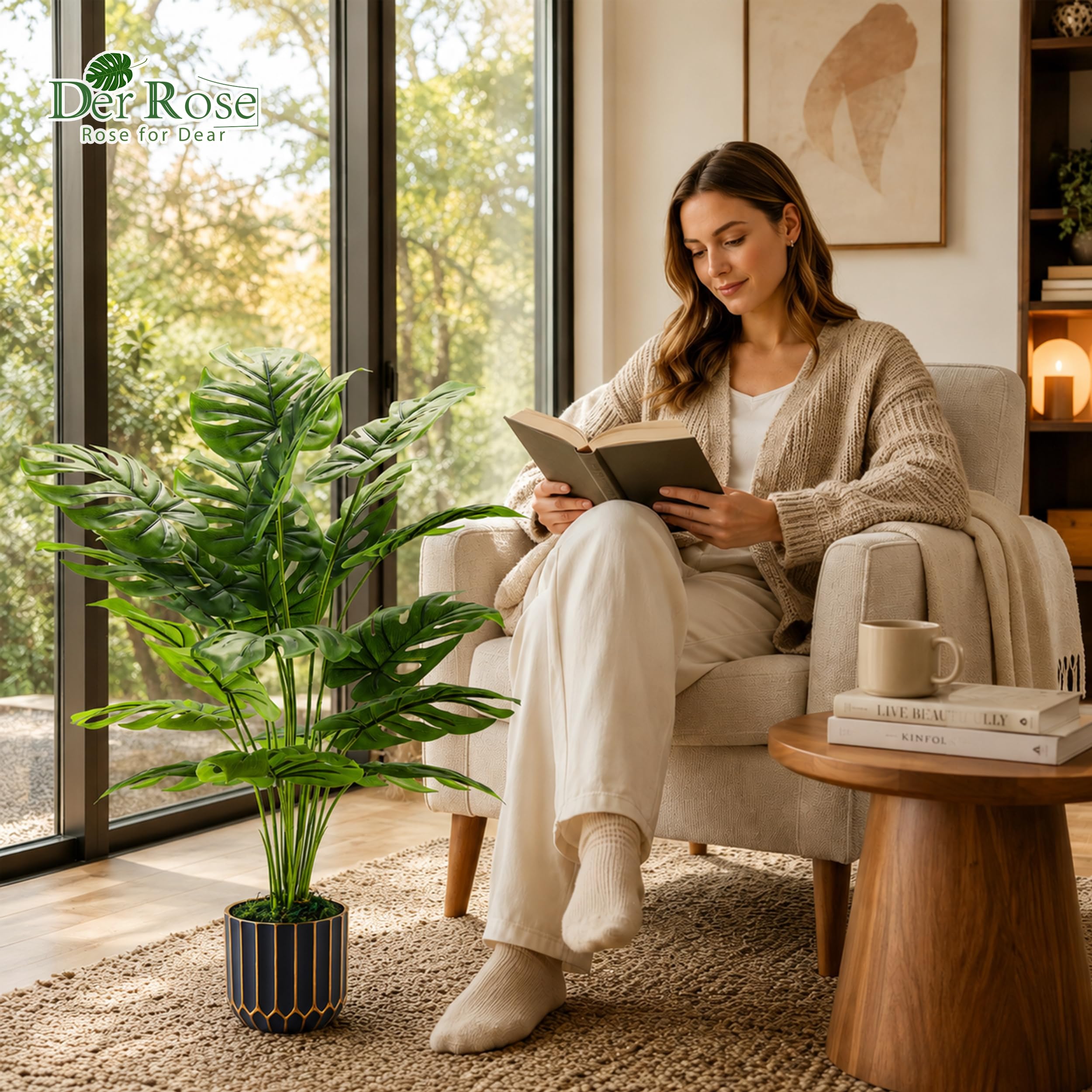 Der Rose Plantas falsas de Monstera artificiales altas para interiores y exteriores, para sala de estar, decoración del hogar