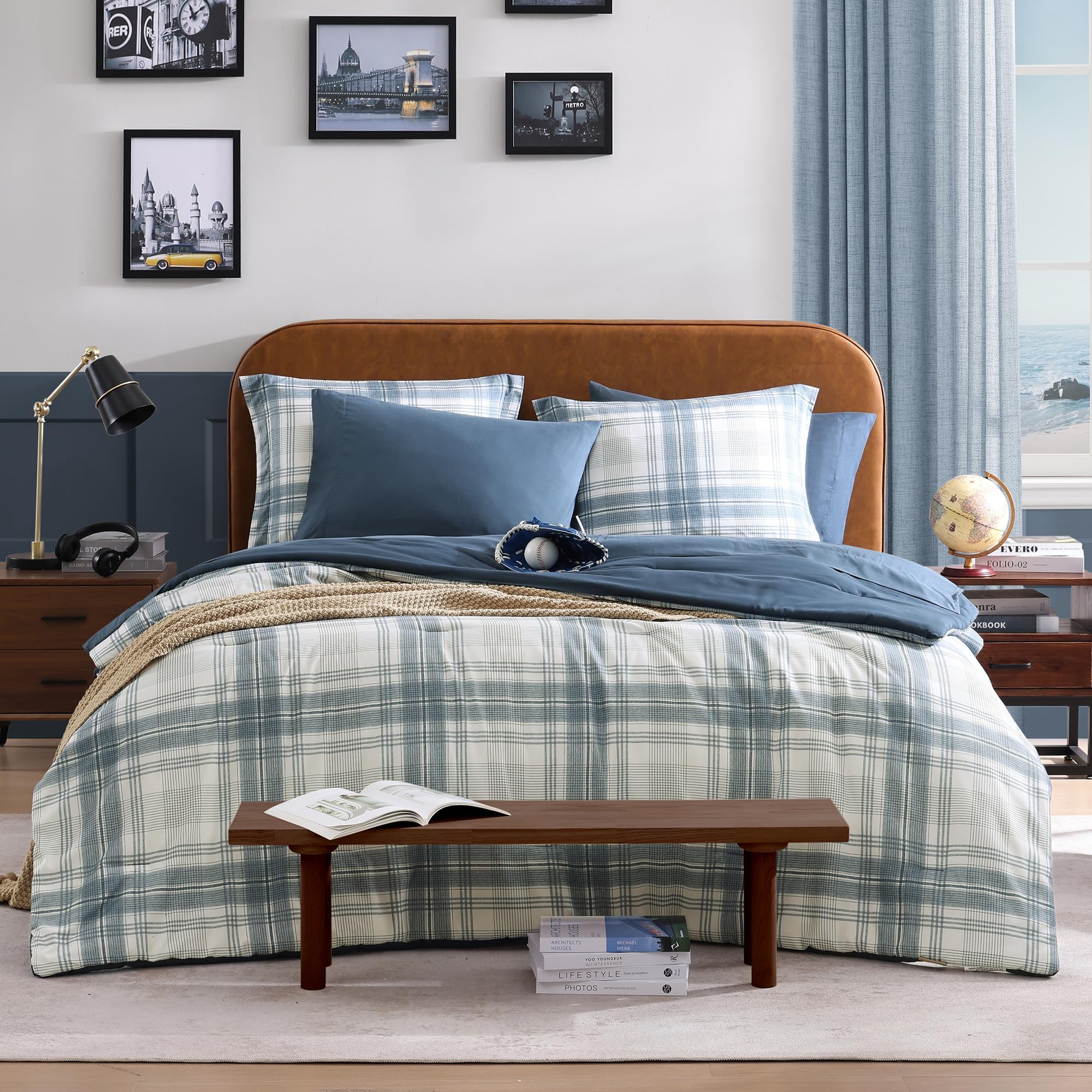 AMBERSPACE Blue Full Size Comforter Sets, Plaid Comforter