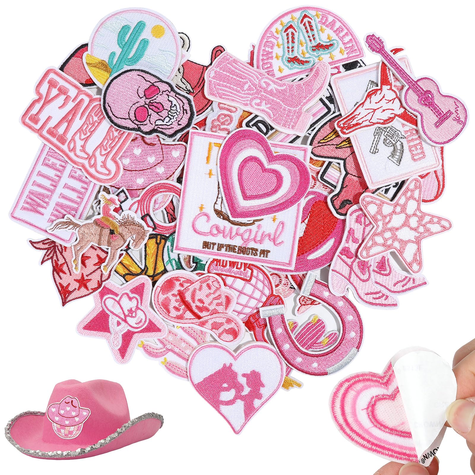 Photo 1 of Naozinebi 32PCS Western Patches Self-Adhesive for Cowgirl Hats Pink Trucker Hat Embroidered Patches for DIY Accessories Vintage Theme Stick on Patches for Clothing Backpacks Caps Dress Jackets Shirts