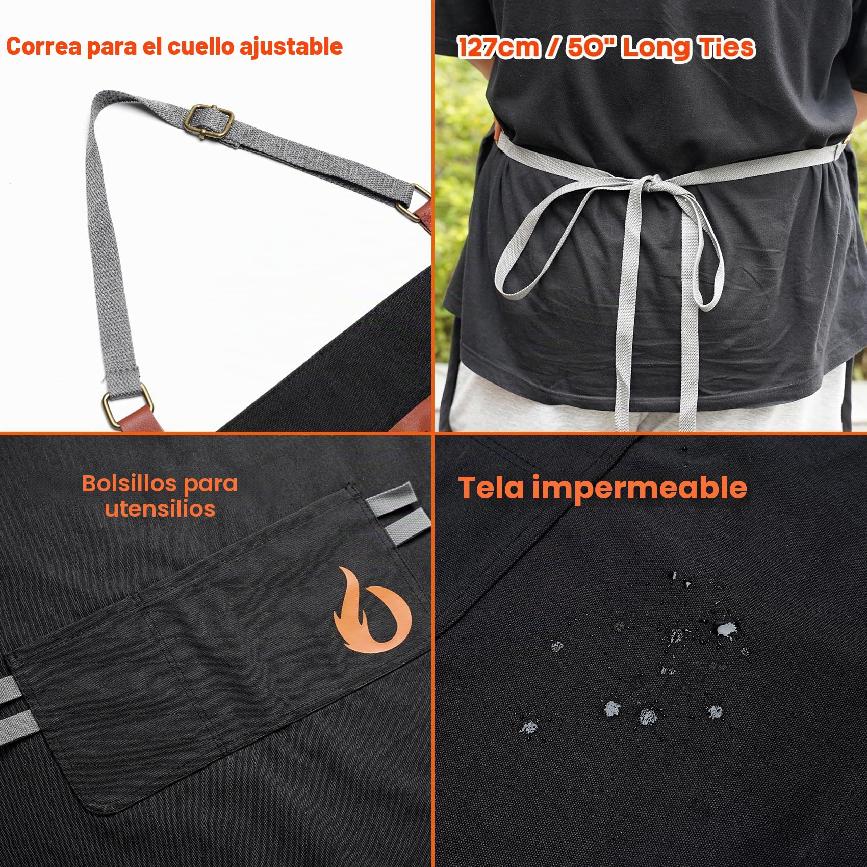 onlyfire Mandiles de Cocina Ajustable, Delantal Impermeable con 2 Bolsillos, Delantales Cocina con 127cm Tirantes Largos para Mujeres y Hombres, Delantal Cocina Mujer para Barbacoas, Jardinería