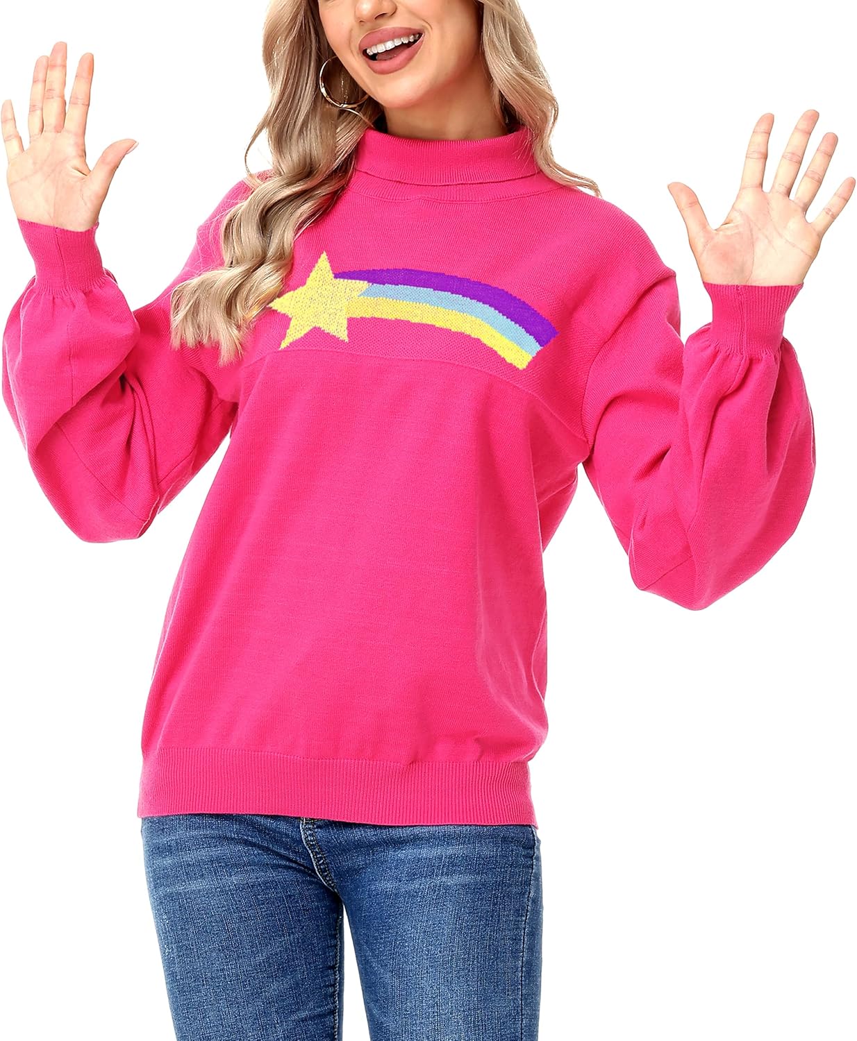 AOBUTE Women's Halloween Rainbow Stars Sweaters Long Sleeve Pullover Knit Turtle Neck Costume