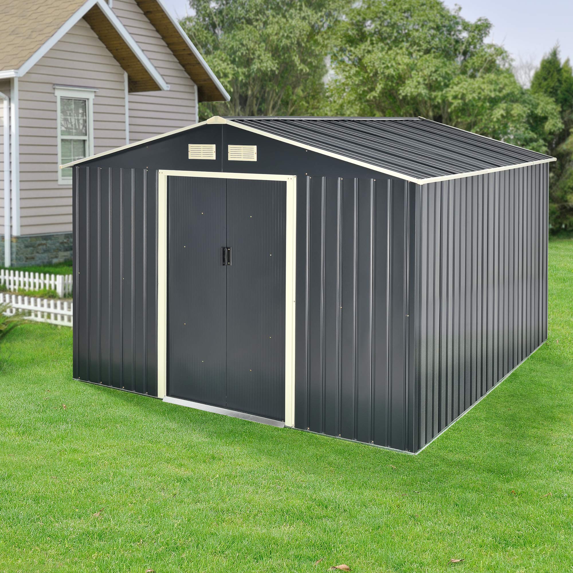 [en.casa] Casetta da Giardino con Doppia Porta Scorrevole Box Capanno Porta Attrezzi Ripostiglio da Esterno in Lamiera con Telaio in Metallo Tetto Inclinato 277x319x192 cm - Grigio Scuro