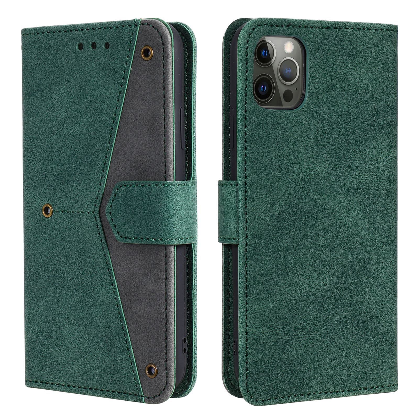 LTL Etui na telefon do iPhone 13 Mini/13/13 Pro/13 Pro Max, wysokiej jakości skórzane etui z klapką, etui z przegródkami na karty, podpórka, magnetyczne zamknięcie, zielony, 13 6,1 cala