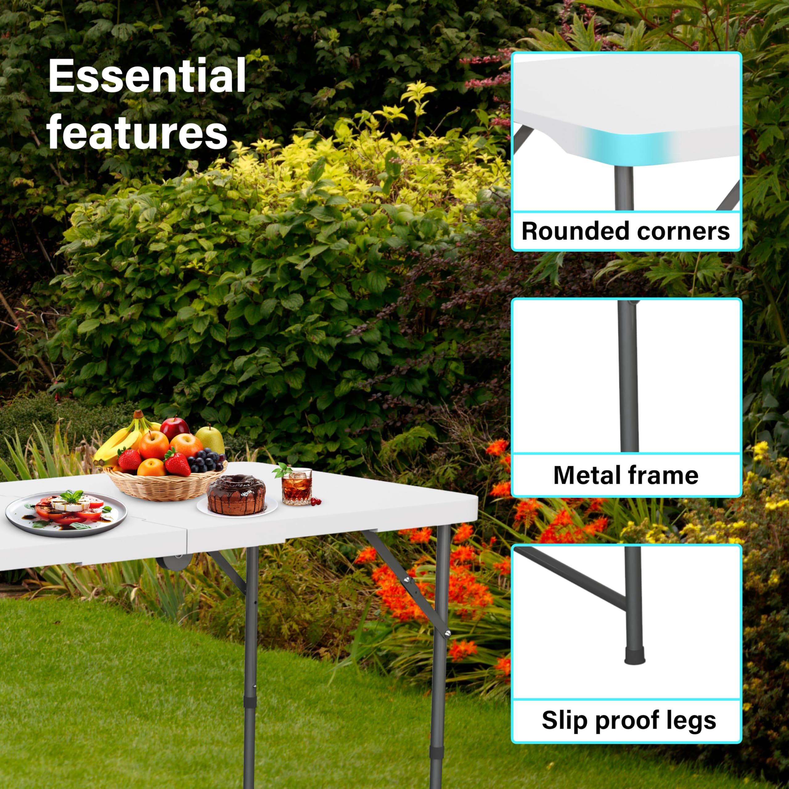 Mesa plegable rectangular de 1,22 m con patas ajustables para picnic al aire libre, mesa plegable portátil para camping, fiestas, jardín, barbacoa, playa, uso interior y exterior, catering de fiestas