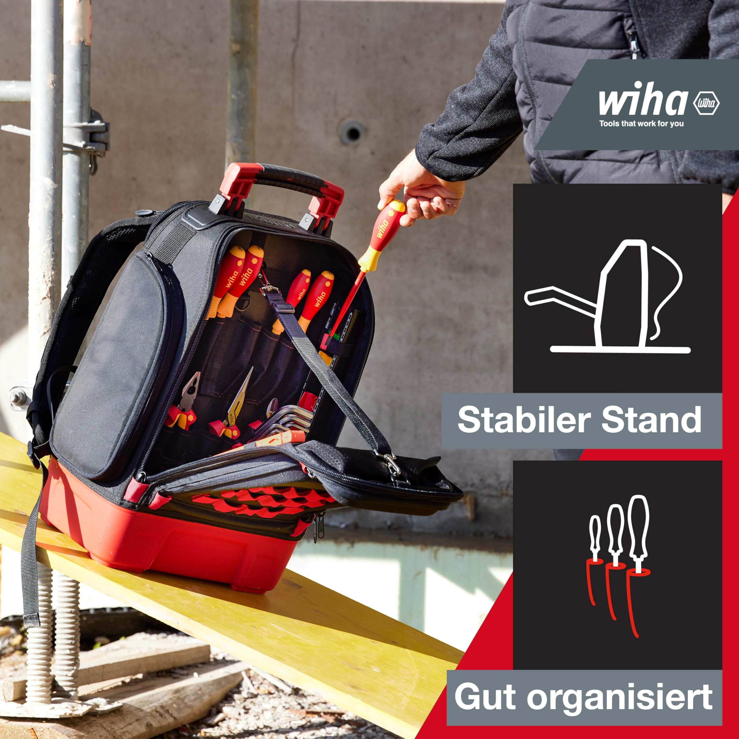 Wiha Elektriker Werkzeugrucksack 27-tlg. I mit Elektriker Grundausstattung I stabiler Standboden I mit Laptopfach I Taschen für Zubehör (45528) | (45528) Arbeitsrucksack I stabiler Standboden I mit Laptopfach I Taschen für Zubehör I Werkzeugtasche für Ele
