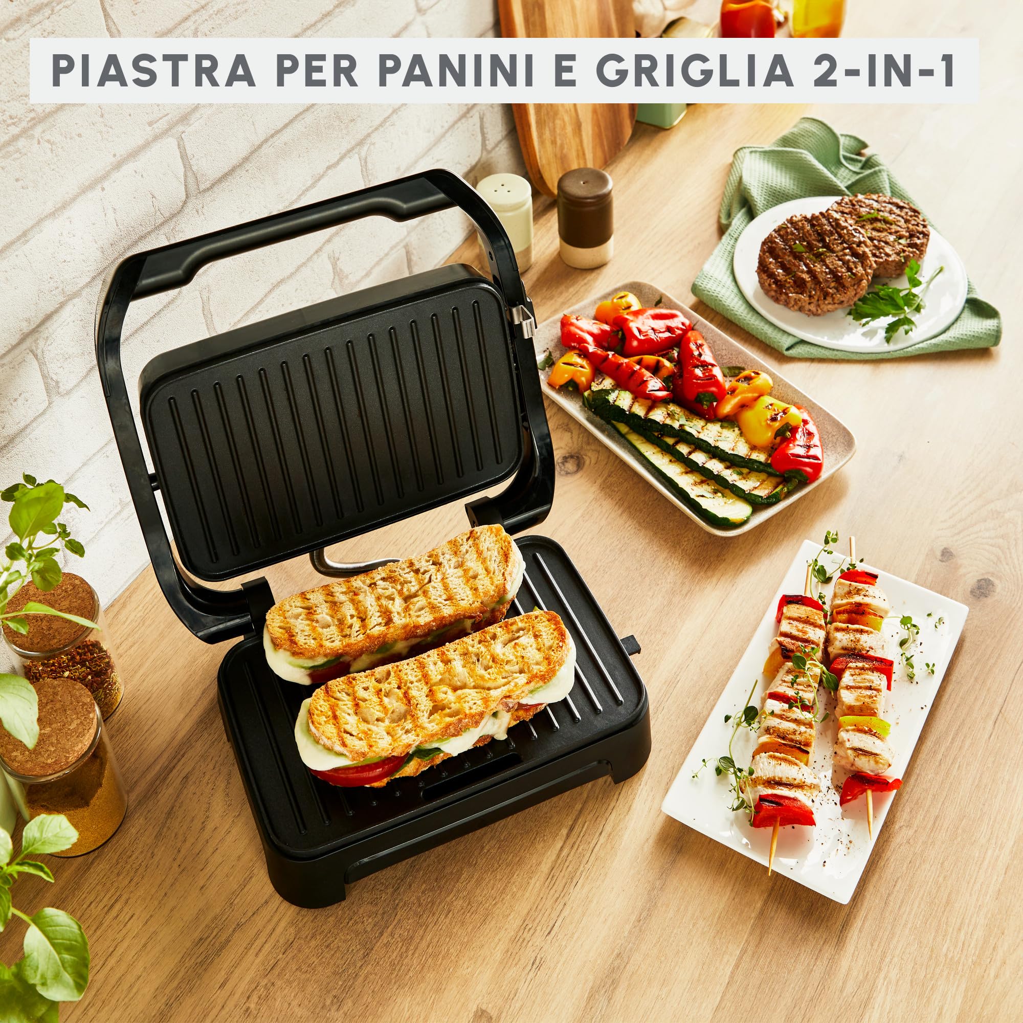 Moulinex Inicio Compact, Grill per Panini & Grill, Piastre per la Cottura Antiaderenti, Facile da Pulire, Facile da Riporre, GI270D10