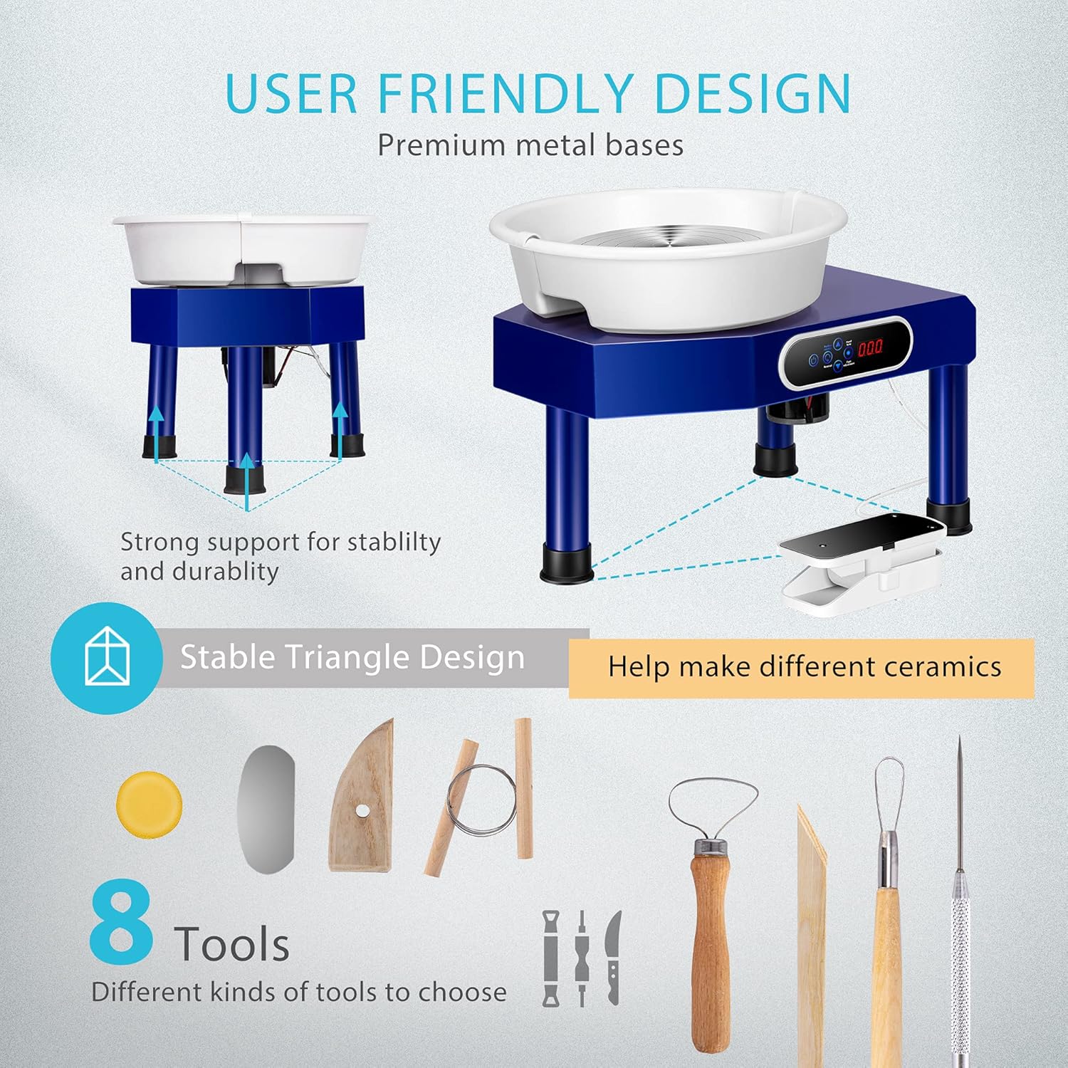 VIVOHOME 25CM LCD Touch Pottery Wheel Forming Machine 350W Electric DIY Clay Tool with Foot Pedal and Detachable Basin for Ceramic Work Art Craft Blue