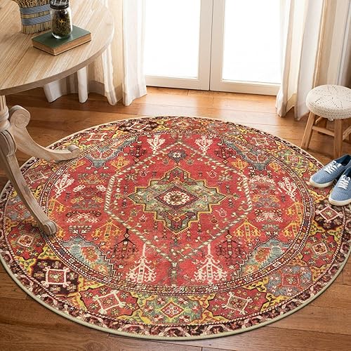 Miniatura 8 de LEEVAN Alfombra redonda de 4 pies, alfombra redonda lavable de perfil bajo, alfombra de entrada envejecida antideslizante, alfombra circular de