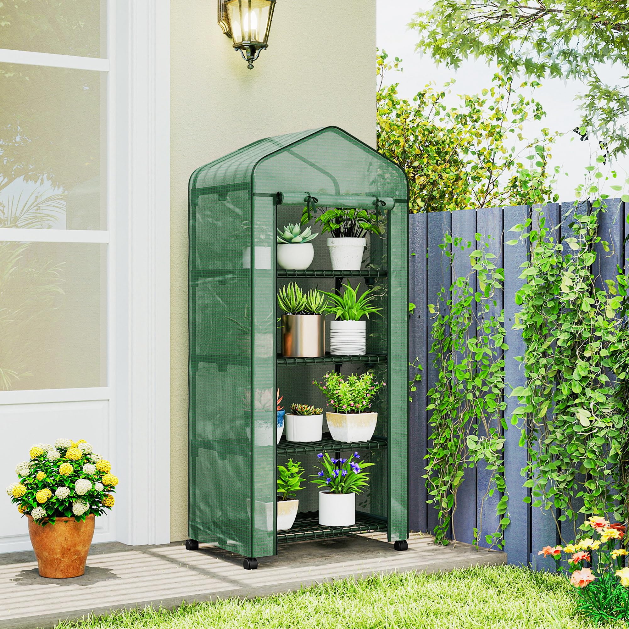 Outsunny Serra da Balcone a 4 Livelli con Porta Avvolgibile e 4 Rotelle, Serra per Orto con Struttura in Acciaio e Copertura in PE per Orto, Verdure, Fiori e Frutta, 69x50x165 cm Verde