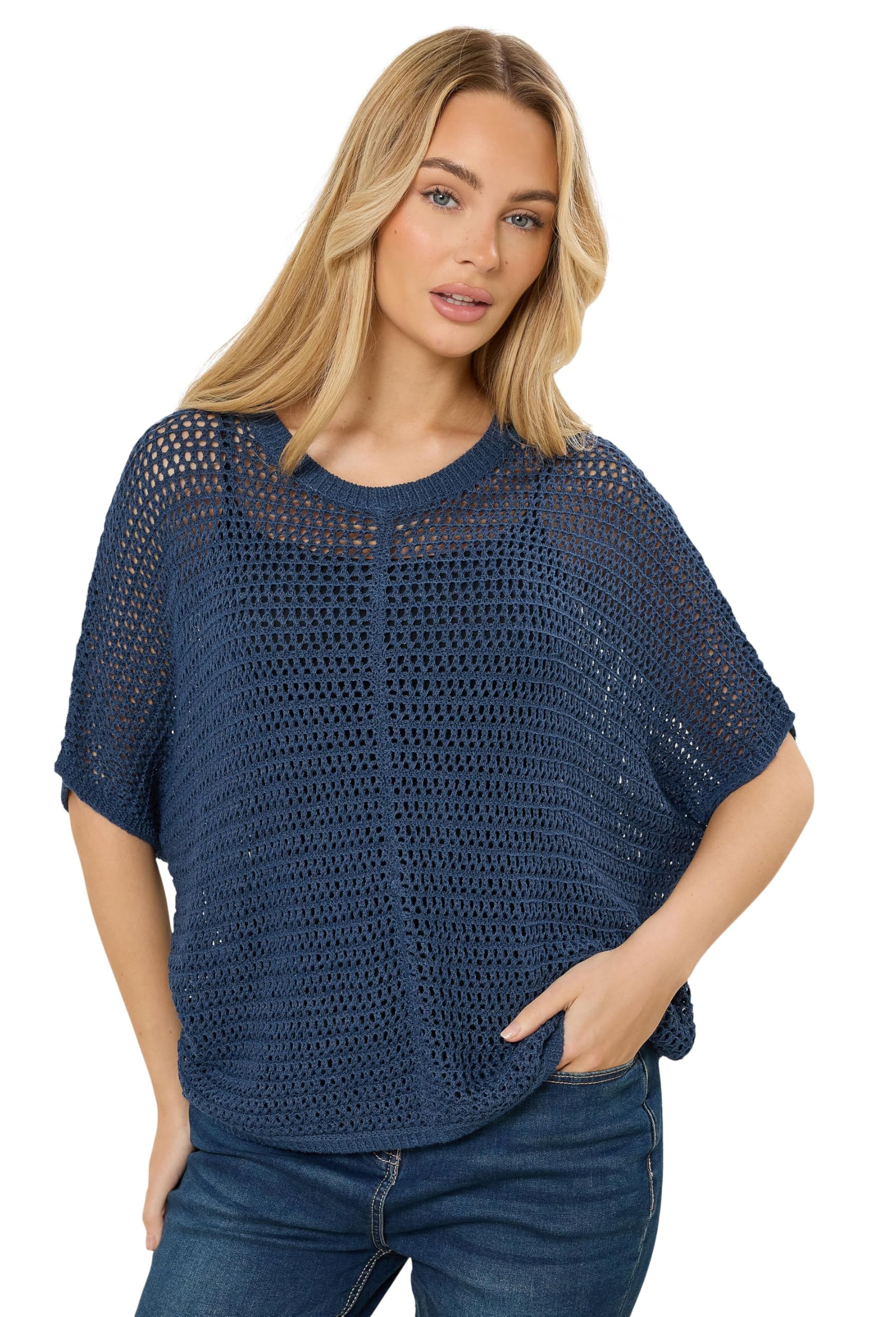 Women's Blue M&Co M&Co Navy Crochet Short Sleeve Jumper Size 18-20