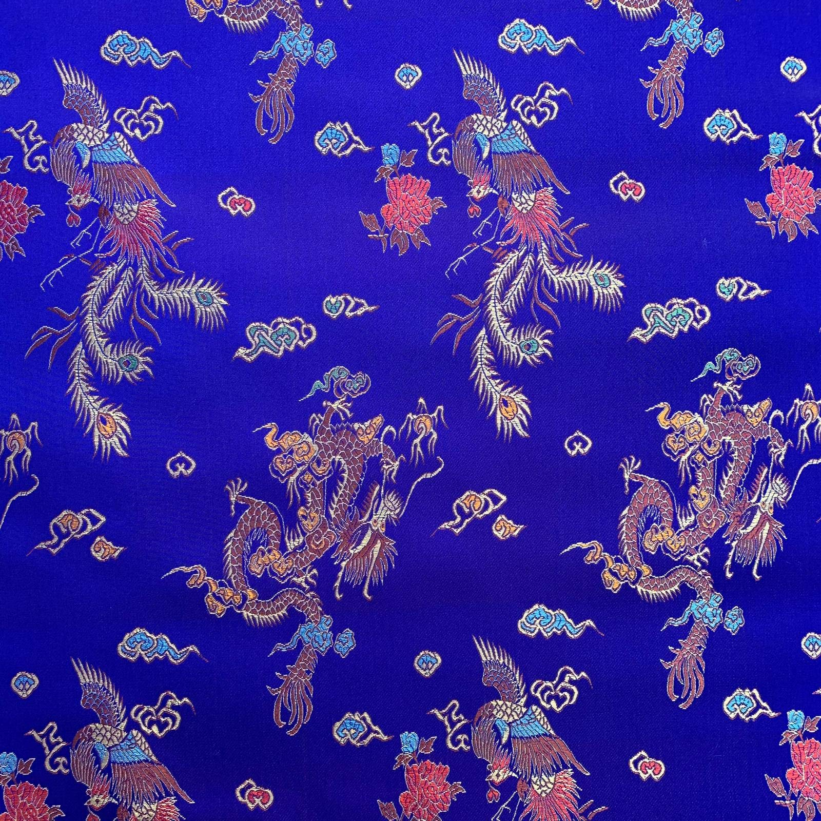 Brocade Chinese Dragon Embroidered Silky Satin Oriental Craft Dress Fabric Material | 36" - 90cm Wide | Sold Per Metre (Royal Blue)