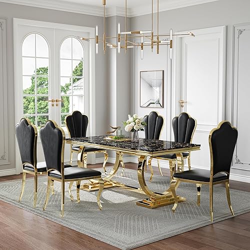 Miniatura 9 de Juego de mesa de comedor de mármol sintético de 70 pulgadas para 6, mesa de cocina grande y sillas de cuero sintético blanco, mesas de comedor Plata