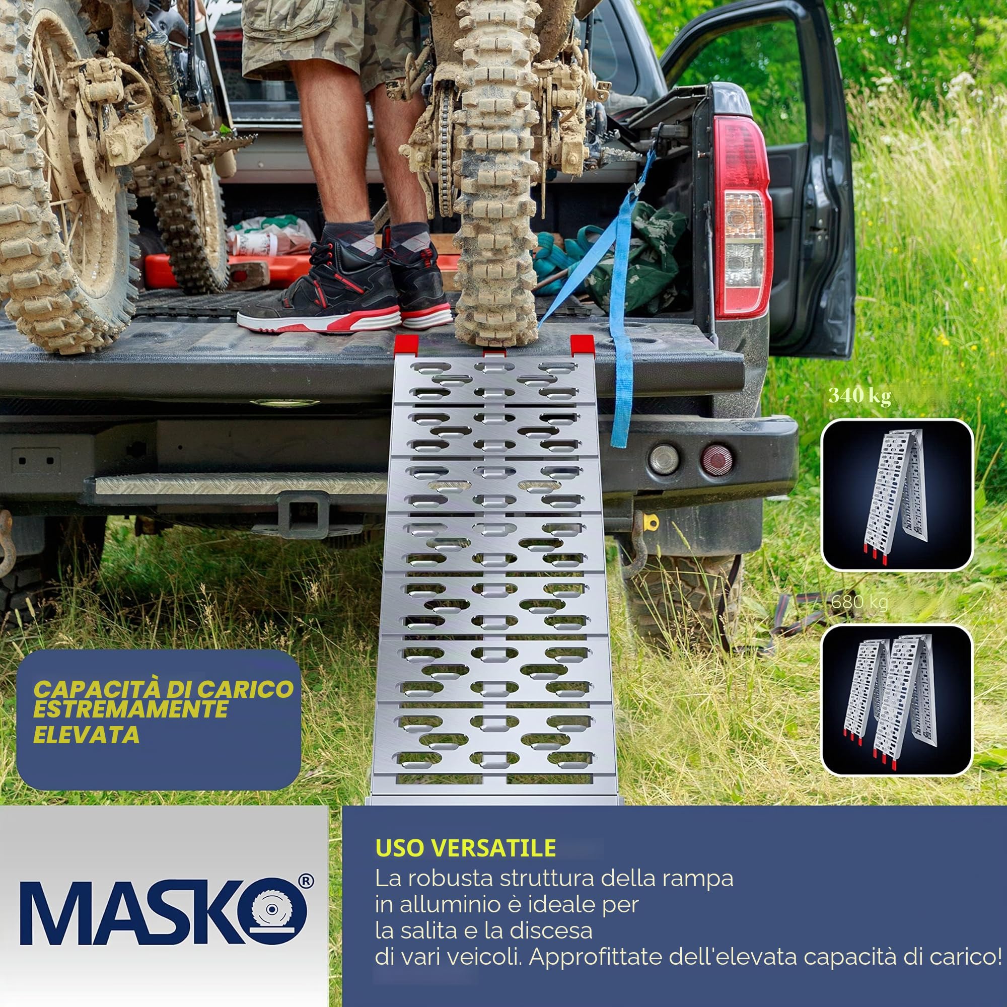 MASKO® Rampa 340kg Rampa di carico ALU pieghevole Rampa di carico Antiscivolo Pieghevole max. 340kg* per pezzo, Rampa di carico moto ATV Quad Car Car