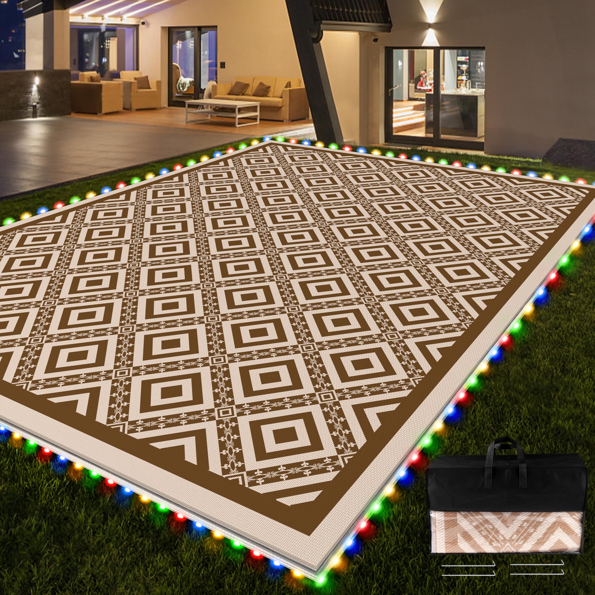 Tapis d'extérieur réversible avec lumières - 2,4 x 3 m - Tapis d'extérieur en paille en plastique imperméable, facile à nettoyer, ne perd pas ses poils, pliable et portable - Tapis réversible pour