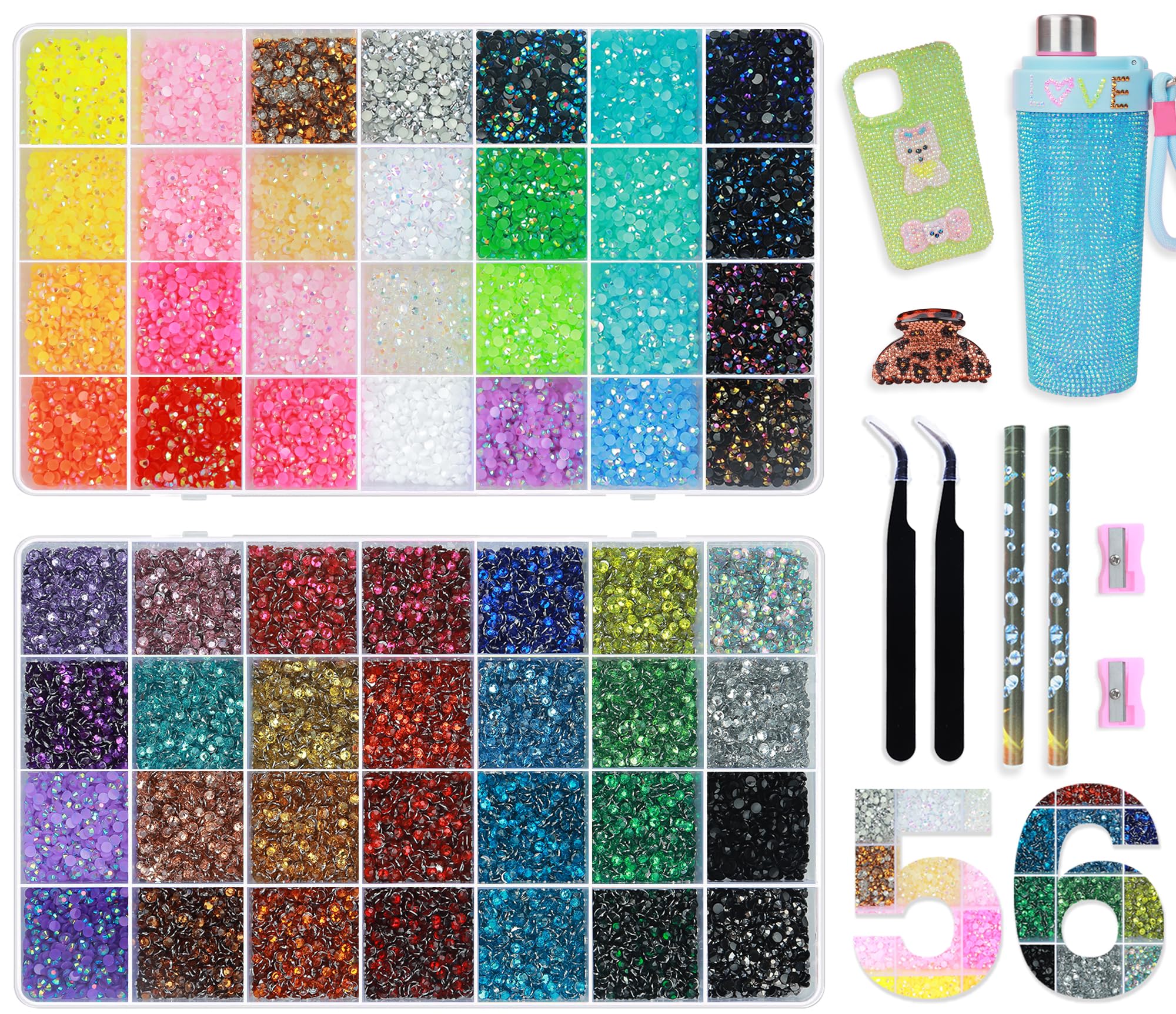 Bedazzling Kit 56 Colors 2 Boxes 3mm Multicolor Resin Flatback Rhinestones for Crafts, Bedazzle Set with Rhinestone Pen for Diamond Nail Art, Scrapbook, DIY Decorations