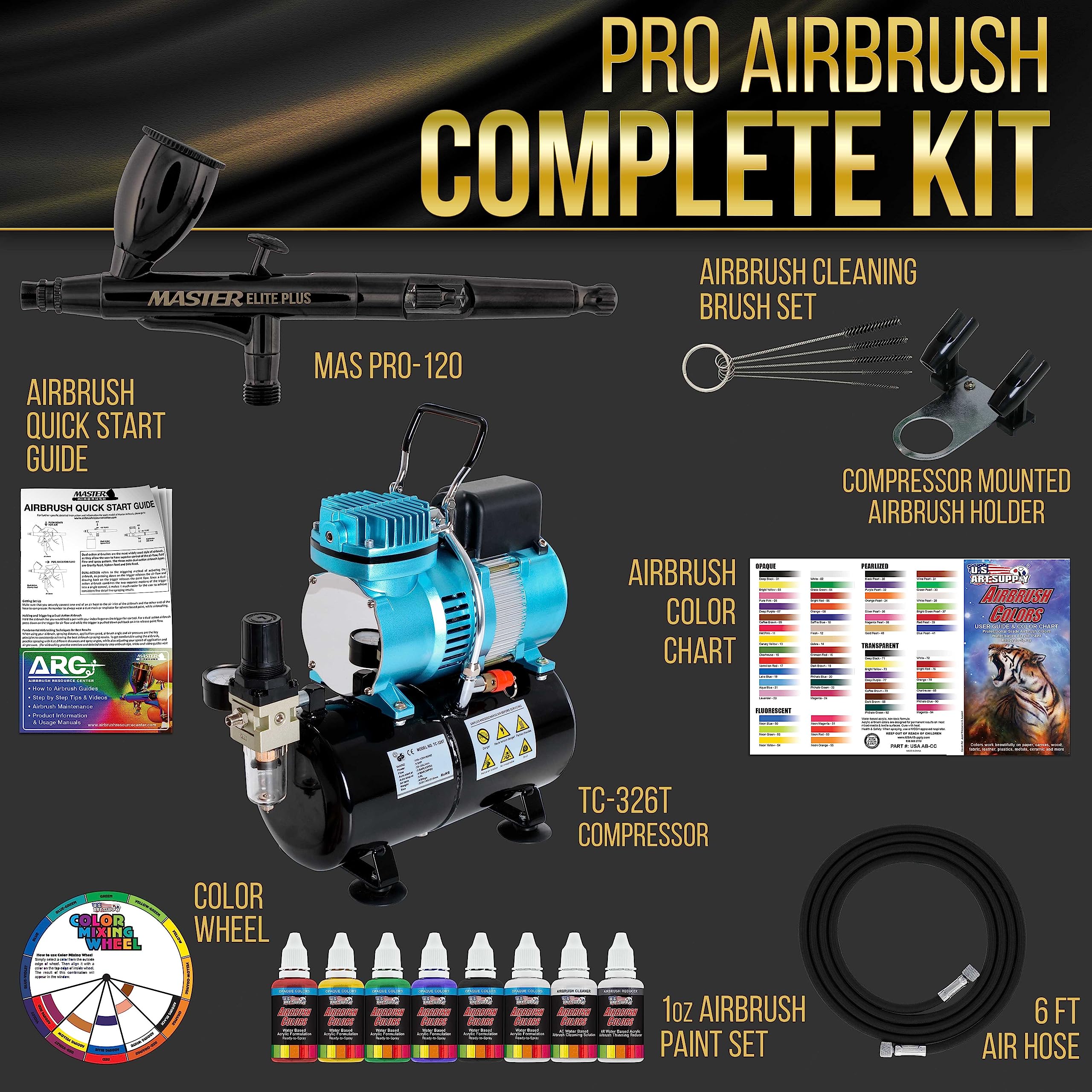 Master Airbrush Cool Runner II Dual Fan Air Storage Tank Compressor System Kit with Master Elite Plus Level Performance Airbrush Set, Case, Dual-Action, 0.3mm Tip 2 Cups, 6 Color Acrylic Paint Set