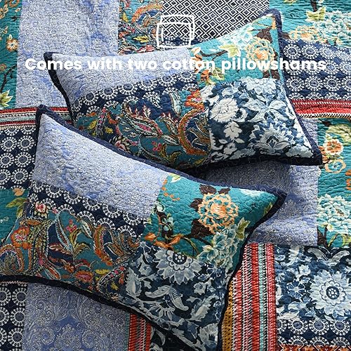 Vista 5 de Secgo King Size Comforter Set- 100% Cotton Quilt King Size Set, Navy, Bohemia bedspreads (96 * 108 Inch) with 2 Pillow Shams, Patchwork Reversible