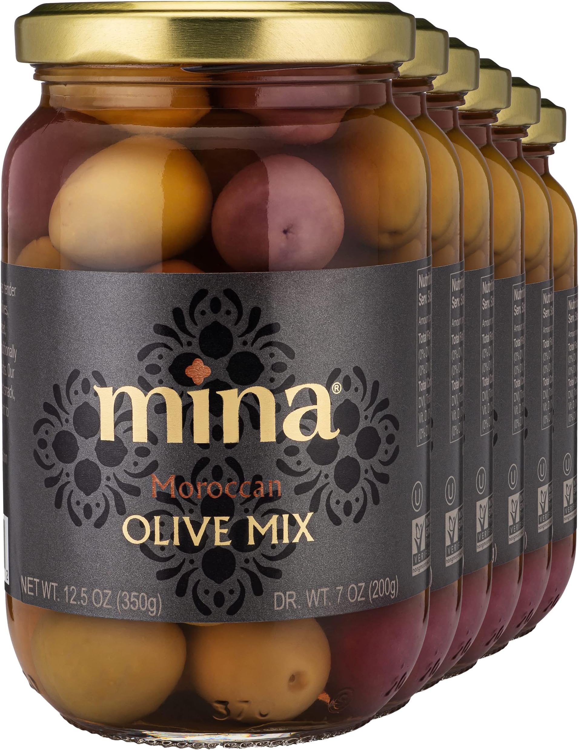 Mina Olive Mix, 12.5 oz (Pack of 6) - Premium, Handpicked and Naturally Cured Purple Beldi & Green Olives, Keto Friendly, Gluten Free Moroccan Olives, Vegan, Delicious & Healthy Olives Mix, Healthy Snacks