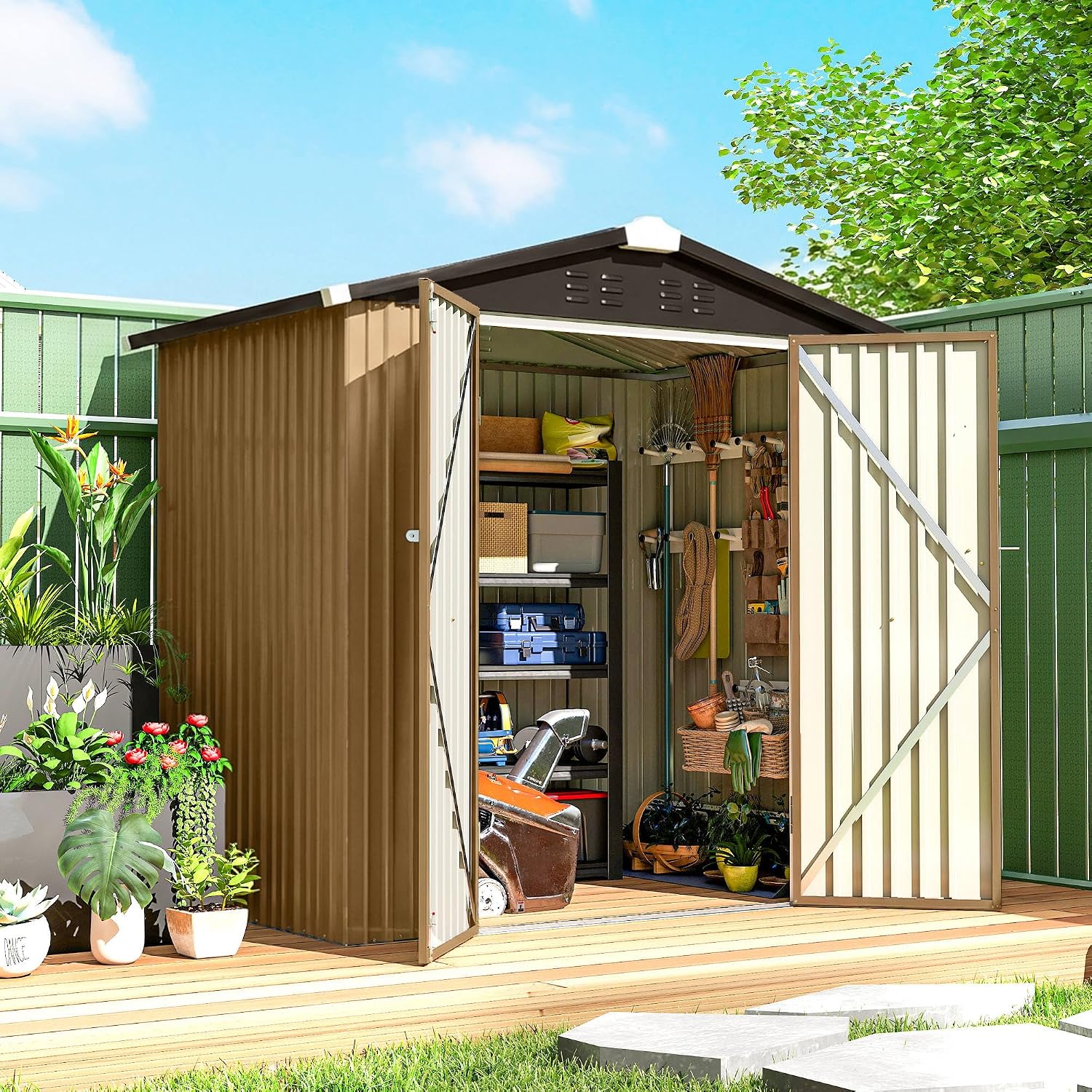 Outsunny 6.5' x 4' Outdoor Storage Shed, Metal Garden Shed with Lockable Double Doors, 4 Vents, Tool Storage House for Outdoor Patio Yard, Yellow