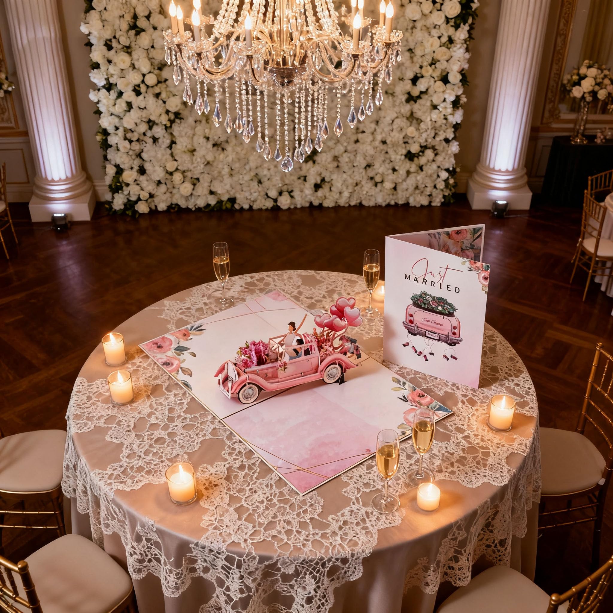 3D-Pop-Up-Hochzeitskarte, elegante Glückwunschkarte – Vintage-Auto mit floralem Aquarell-Cover, Hochzeitsgeschenke für Brautpaare, romantische Karte für Braut und Bräutigam