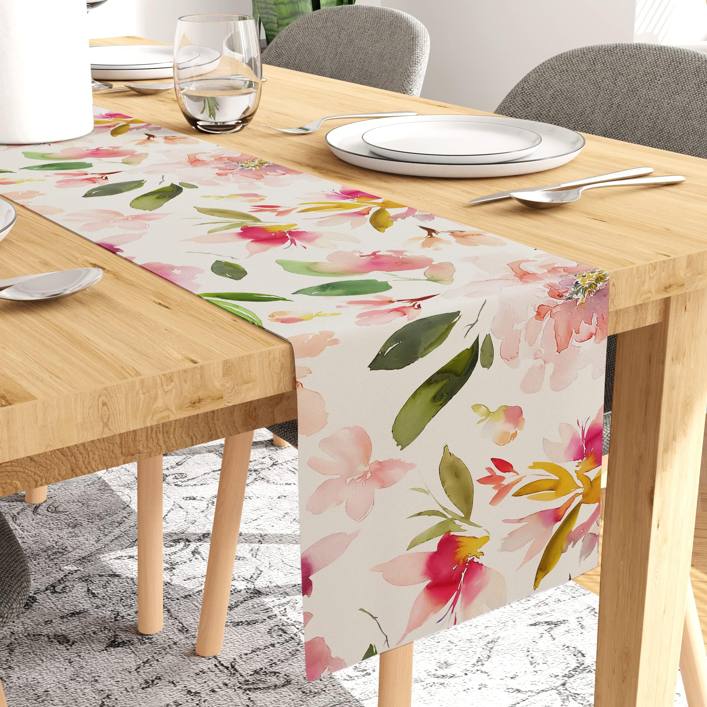 Encasa XO Dining Table Runner for 4 Seater - Polyester Twill Fabric - Foil Digital Print - Size 28x150 cm - Decorative Cloth for Centre and Coffee Table - Washable - 1 Pc - F1 Spring