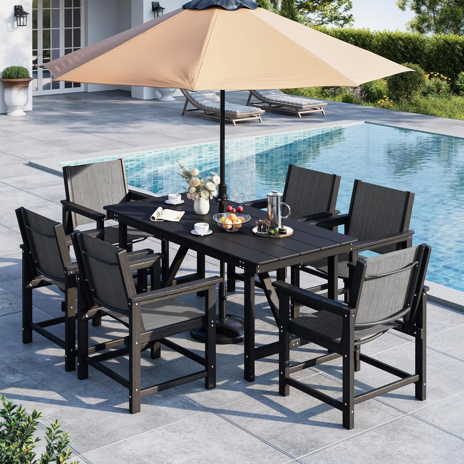 7 Piece HDPE Patio Dining Set, All-Weather Outdoor Table and Chair Sets with Umbrella Hole Outdoor Dining Table Sets of 6 Textilene Fabric Patio Chairs for Backyard, Poolside, Garden, Deck(Black)