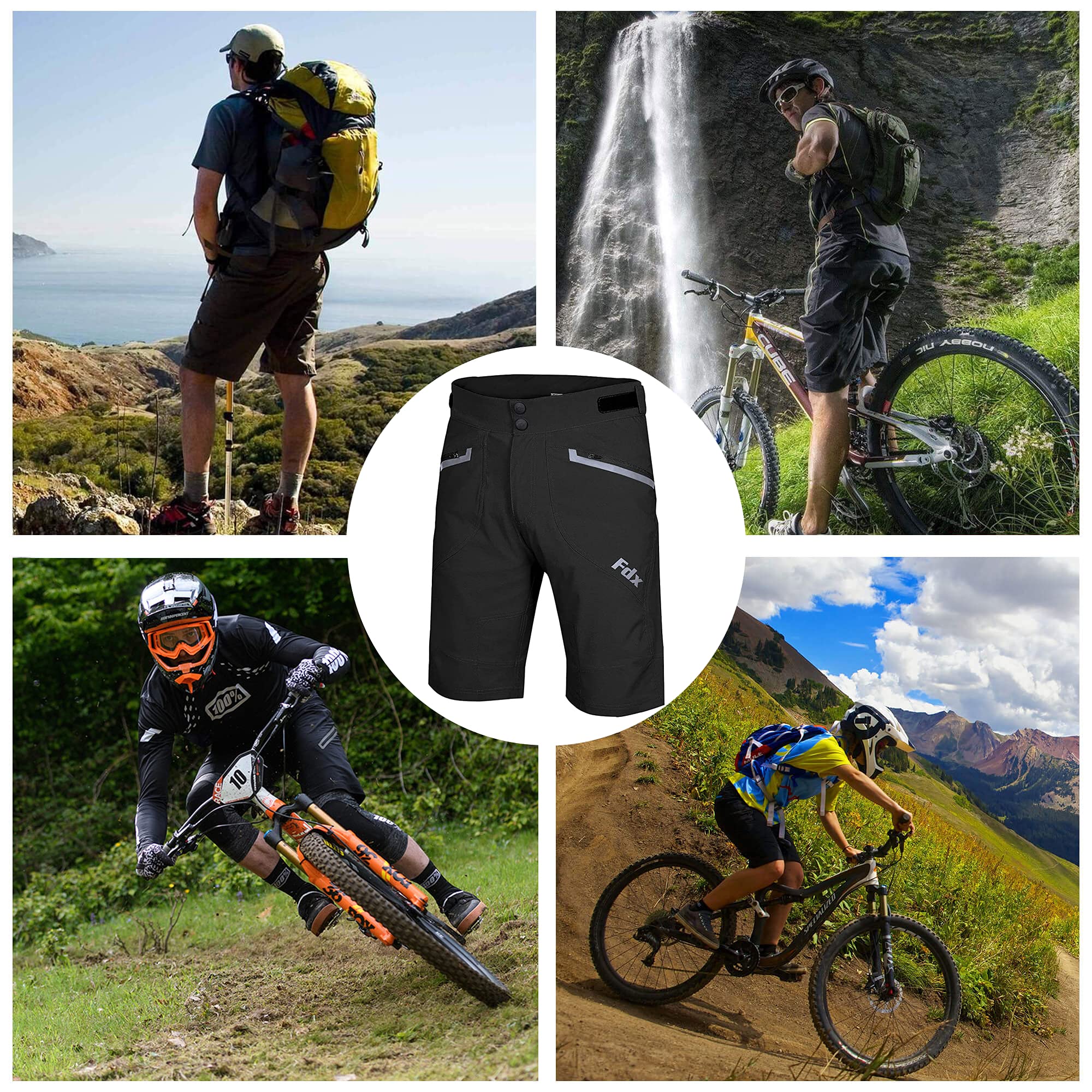 FDX Męskie spodenki rowerowe MTB, lekkie, oddychające, szybkoschnące, z regulowanym paskiem, kieszenie na zamek błyskawiczny, luźny krój, sporty na świeżym powietrzu, bieganie, wspinaczka