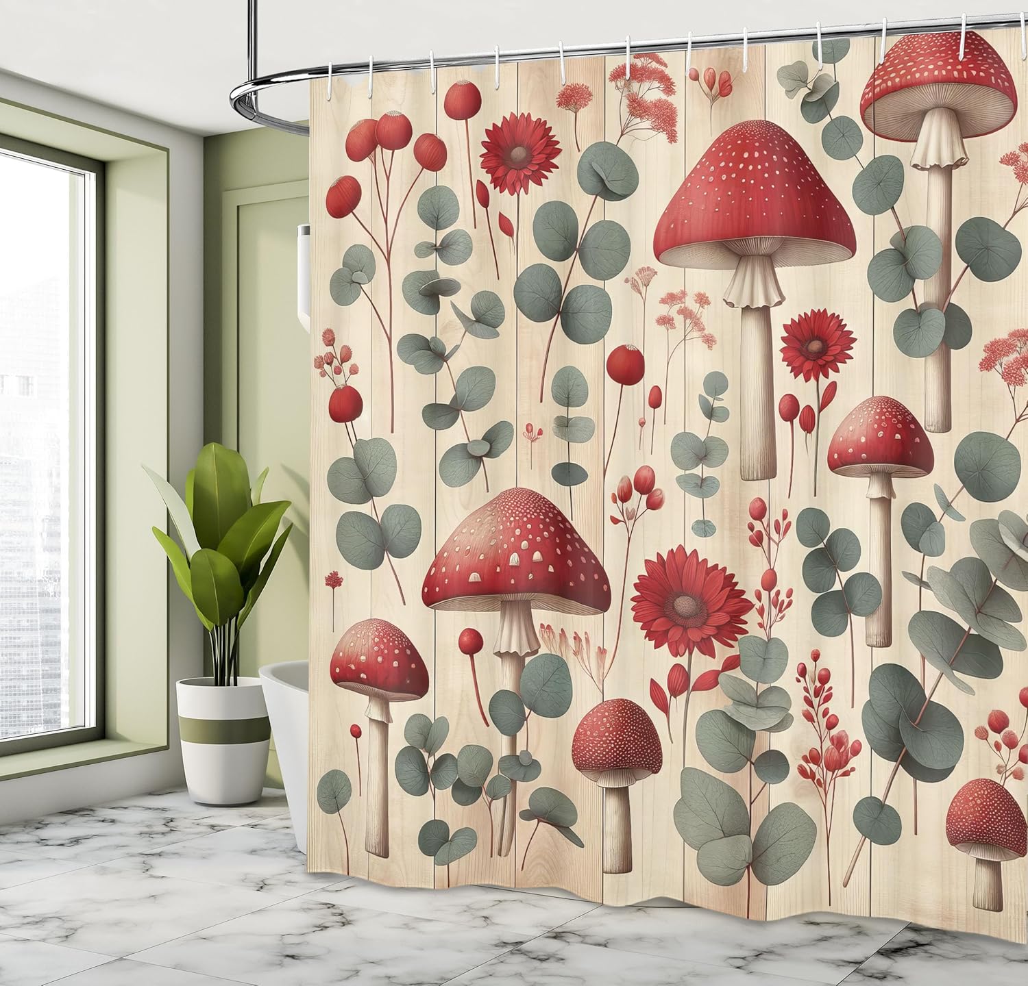 Ambesonne Rustic Shower Curtain, Scandinavian Floral Woodland Mushrooms with Sage Green Eucalyptus Branches, Cloth Fabric Bathroom Decor Set with Hooks, 69" W x 75" L, Champagne Dark Coral