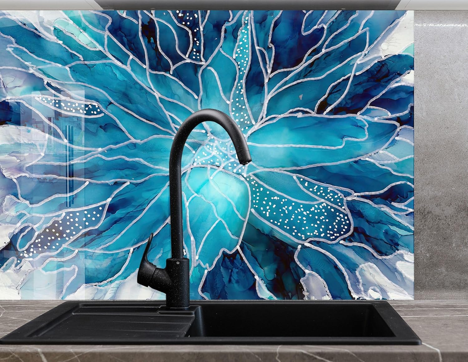Myphotostation.com 35.4Wx14H'' Tempered Glass Backsplash Design Cooker Wall Backsplash Panel Glass Splashback for Kitchen Panel Design Blue Mosaic Tile Stained Splashback