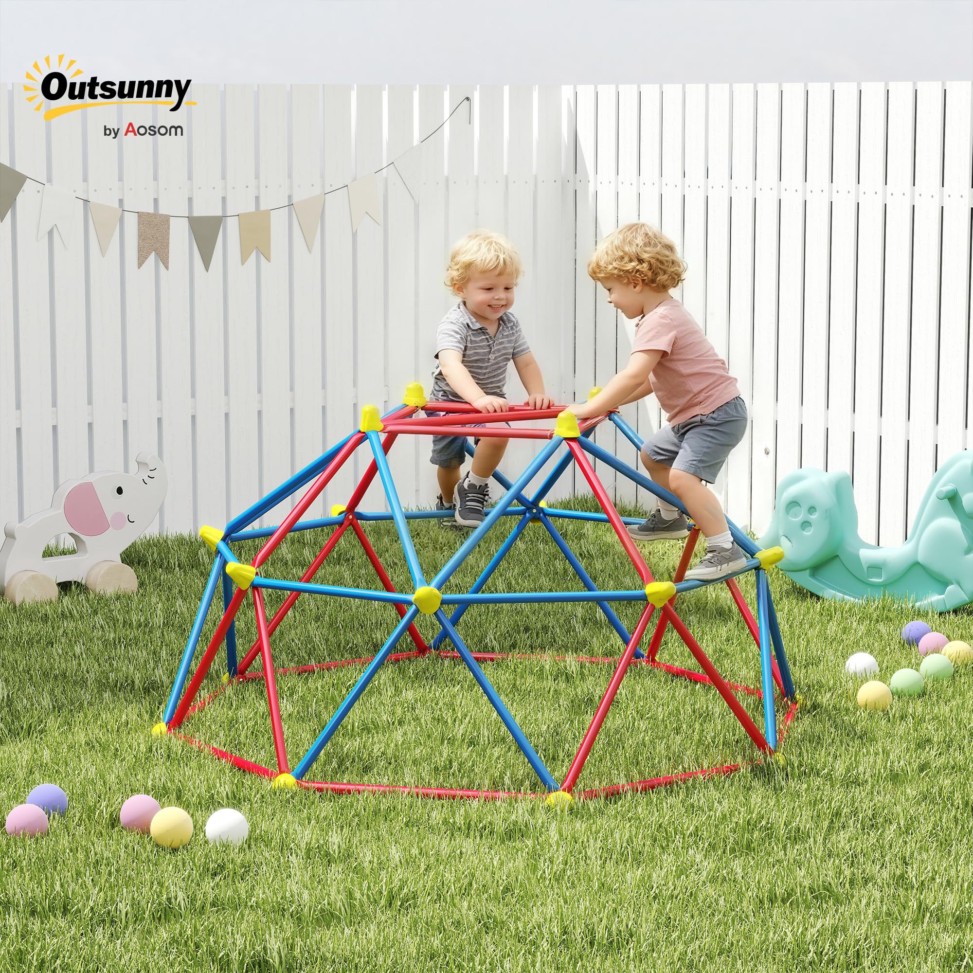 Outsunny Cúpula de Escalada Juego de Cúpula Geométrica Parque Infantil para 3-8 Años con Marco de Metálico Anti-UV Carga 180 kg para Patio Jardín Ø183x90 cm Rojo y Azul