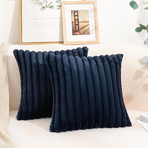 Uhomy Juego de 2 fundas de almohada decorativas de piel sintética para el hogar, de lujo, súper suaves y peludas, a rayas, para sofá, dormitorio,
