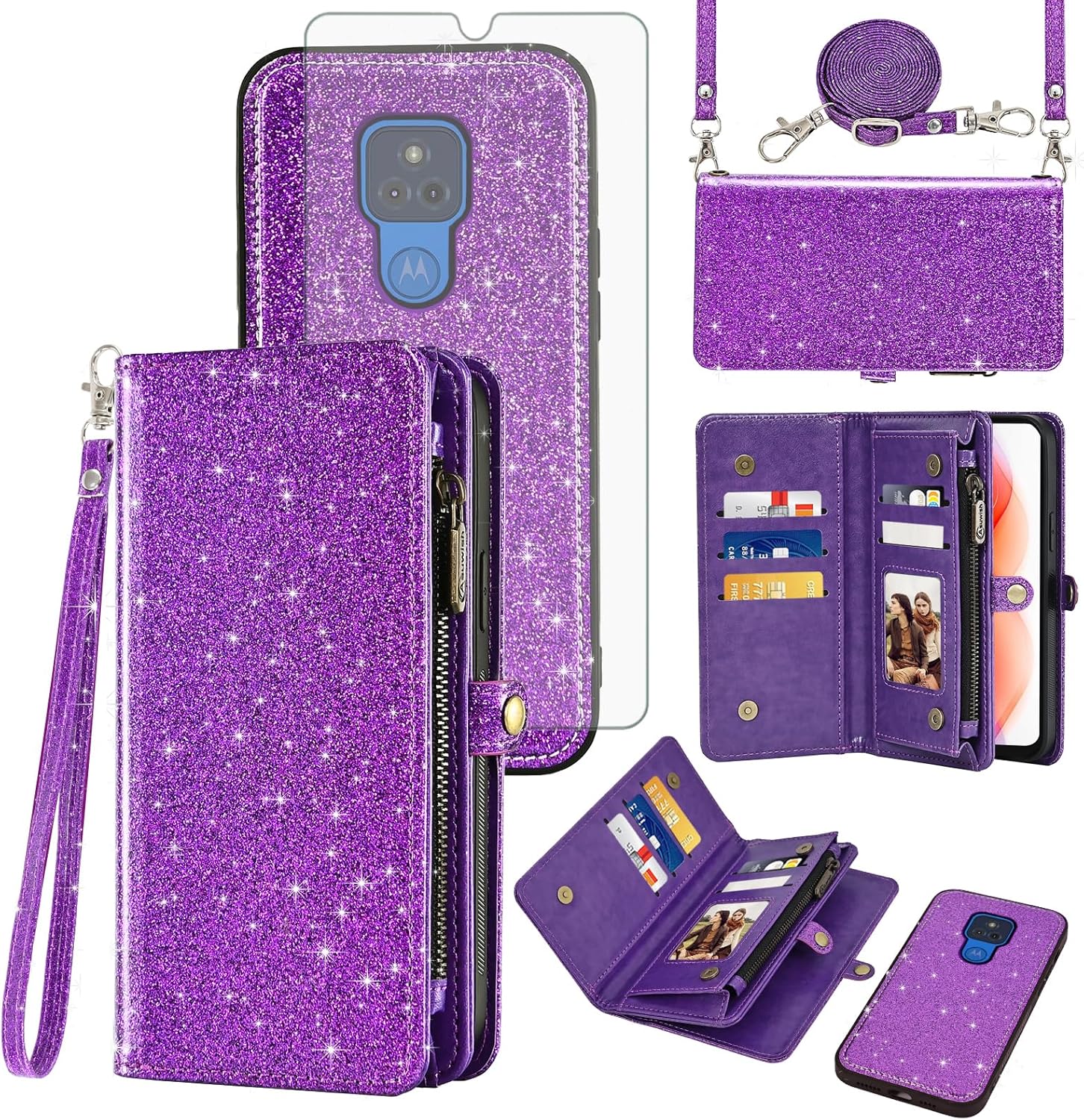 Asuwish Phone Case for Moto G Play 2021 Zipper Wallet Detachable Cell Cover with Tempered Glass Screen Protector Wrist Strap Flip Card Holder Motorola GPlay2021 6.5 XT2093DL XT2093-7 Women Men Purple