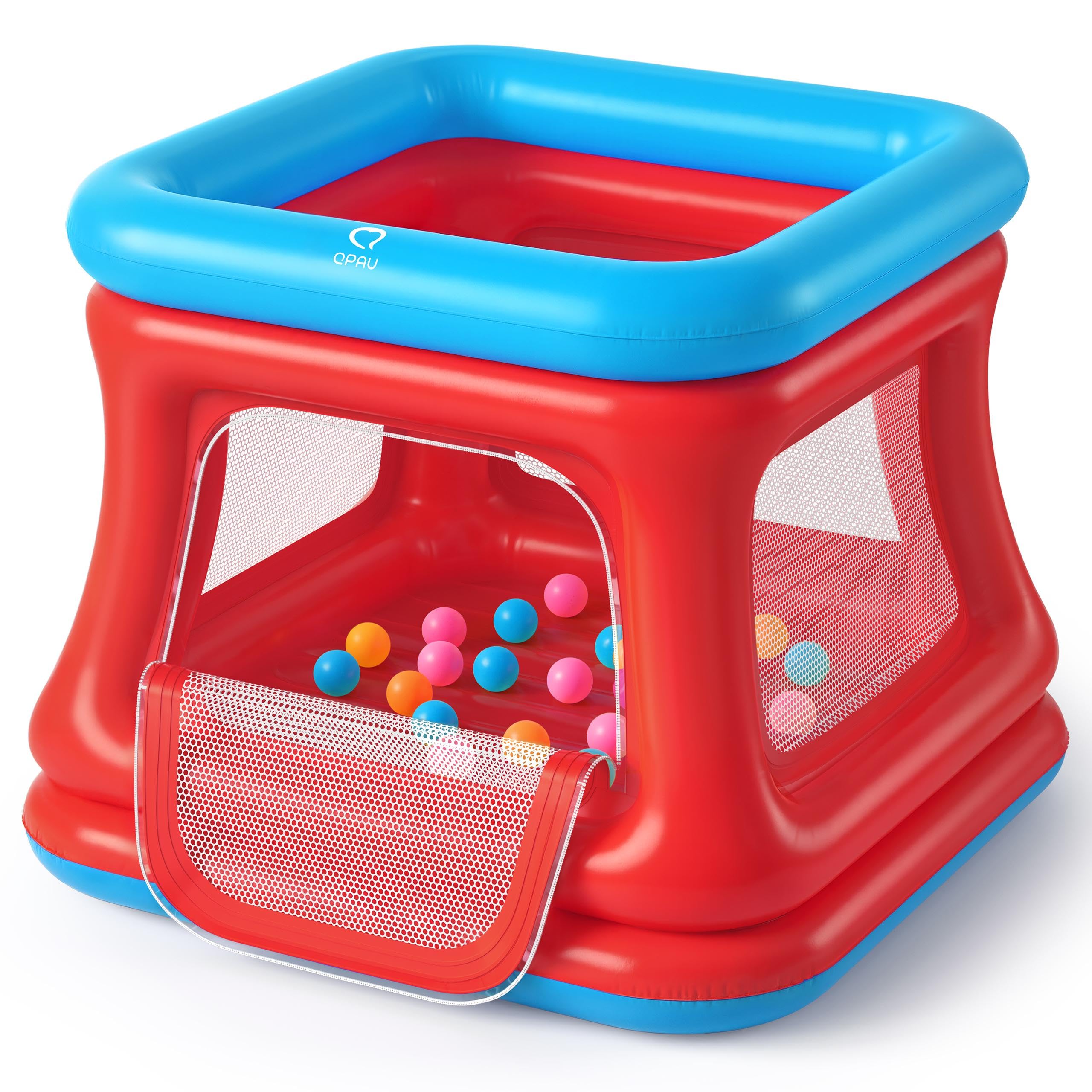 QPAU 3-in-1 Inflatable Bounce House for Toddlers 1-3, Ball Pit & Trampoline, Inflatable Bouncy House with Safety Net, Indoor & Outdoor Bubble Bouncer (Blue & Red)