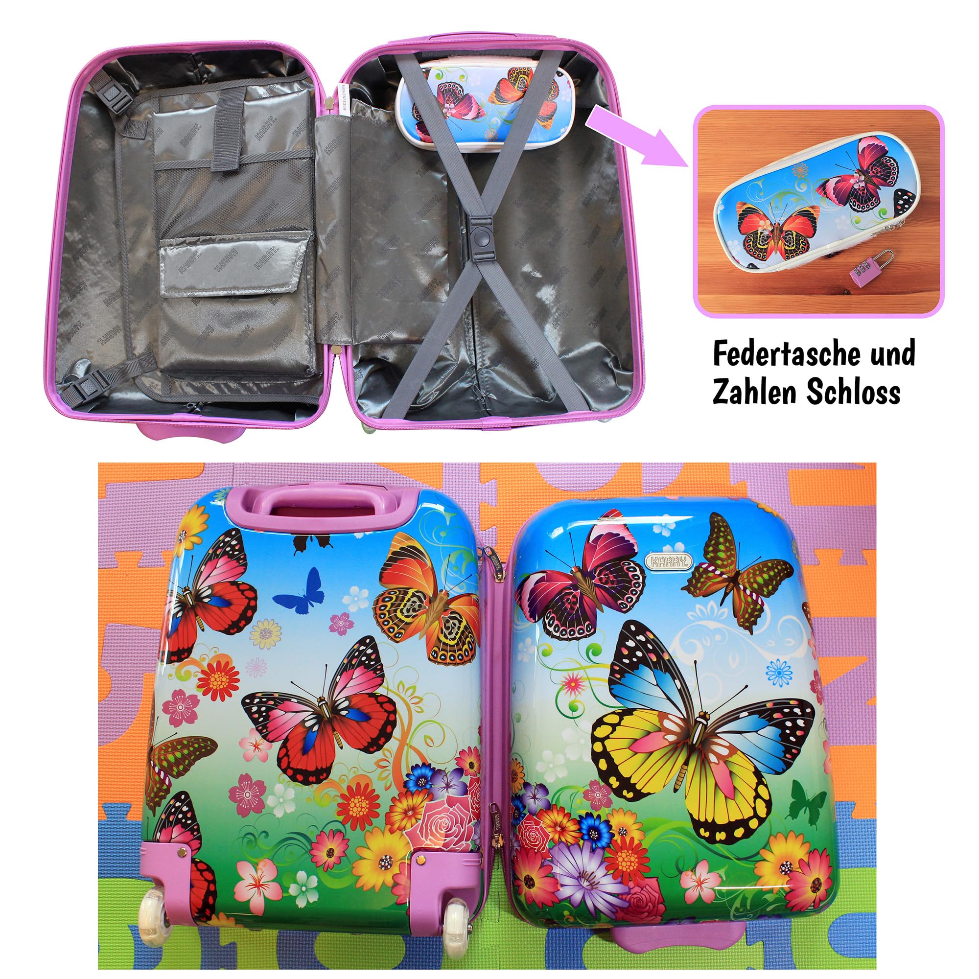 Karry Kinderkoffer Reisekoffer Trolley Hartschalen Koffer Handgepäck Mädchen LED Skater Rollen Schmetterling Butterfly 819