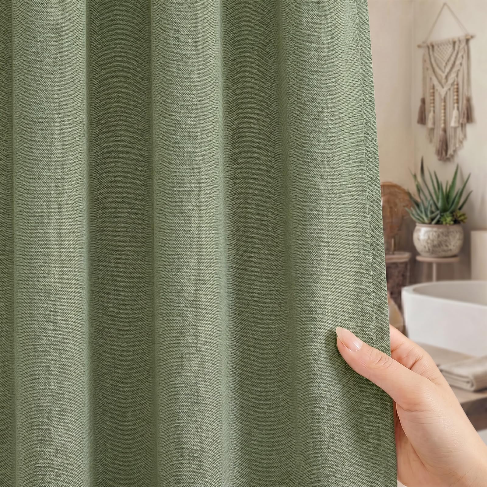 Seasonwood Extra Long Linen Shower Curtain Neutral Farmhouse Linen Shower Curtains for Bathroom Boho Bathroom Decor with 12 Sturdy Stainless Steel Sliding Hangers(Sage Green,72x84 Inches)
