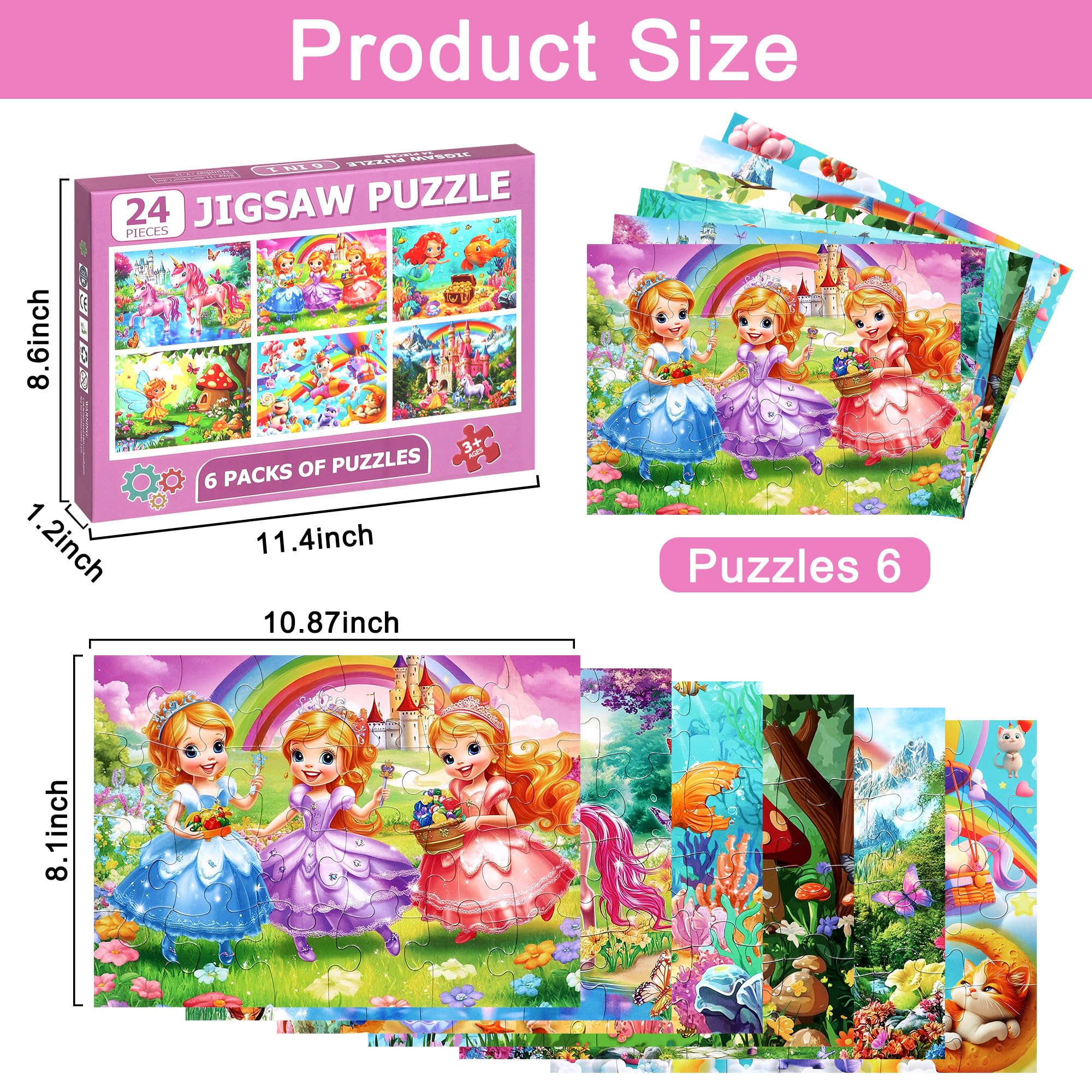 MZZOTOY 6 Puzzles für Kinder im Alter von 4-6 Jahren, 24 Puzzleteile Prinzessin und Einhorn für Kinder von 3-5 Jahren, 4-8, Lernspielzeug für Vorschule