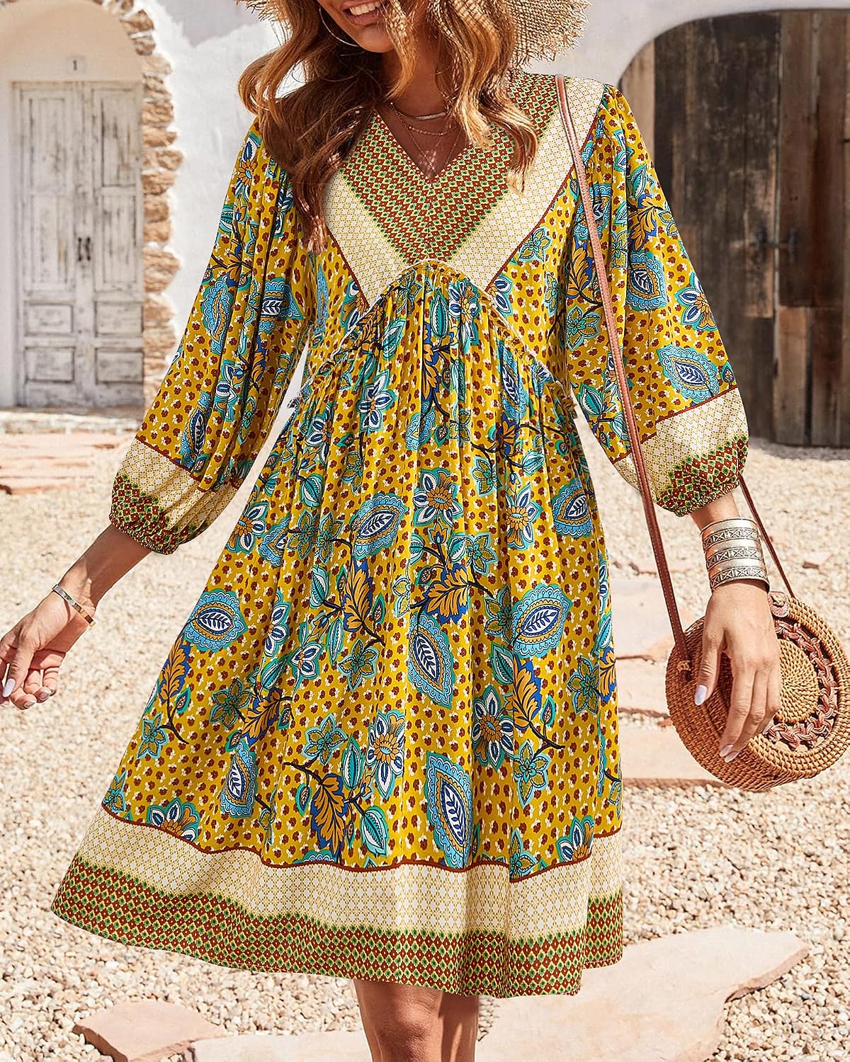 BTFBM Women Casual Spring Summer Dresses V Neck 3/4 Long Sleeve Ruffle Floral Flowy Boho Babydoll Mini Short Beach Dress thumbnail