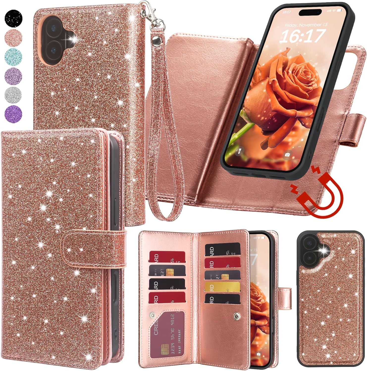 Varikke for iPhone 16 Wallet Case Detachable with RFID Blocking Card Holder for Women, Glitter PU Leather Wrist Strap Strong Magnetic Flip Wallet Removable Phone Case for iPhone 16 6.1", Rose Gold