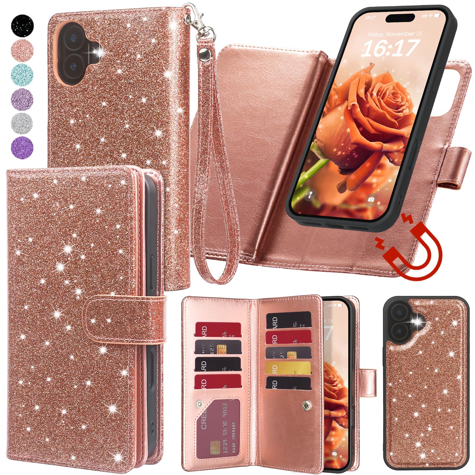 Varikke for iPhone 16 Plus Wallet Case Detachable with RFID Blocking Card Holder for Women, Glitter Leather Strap Strong Magnetic Flip Wallet