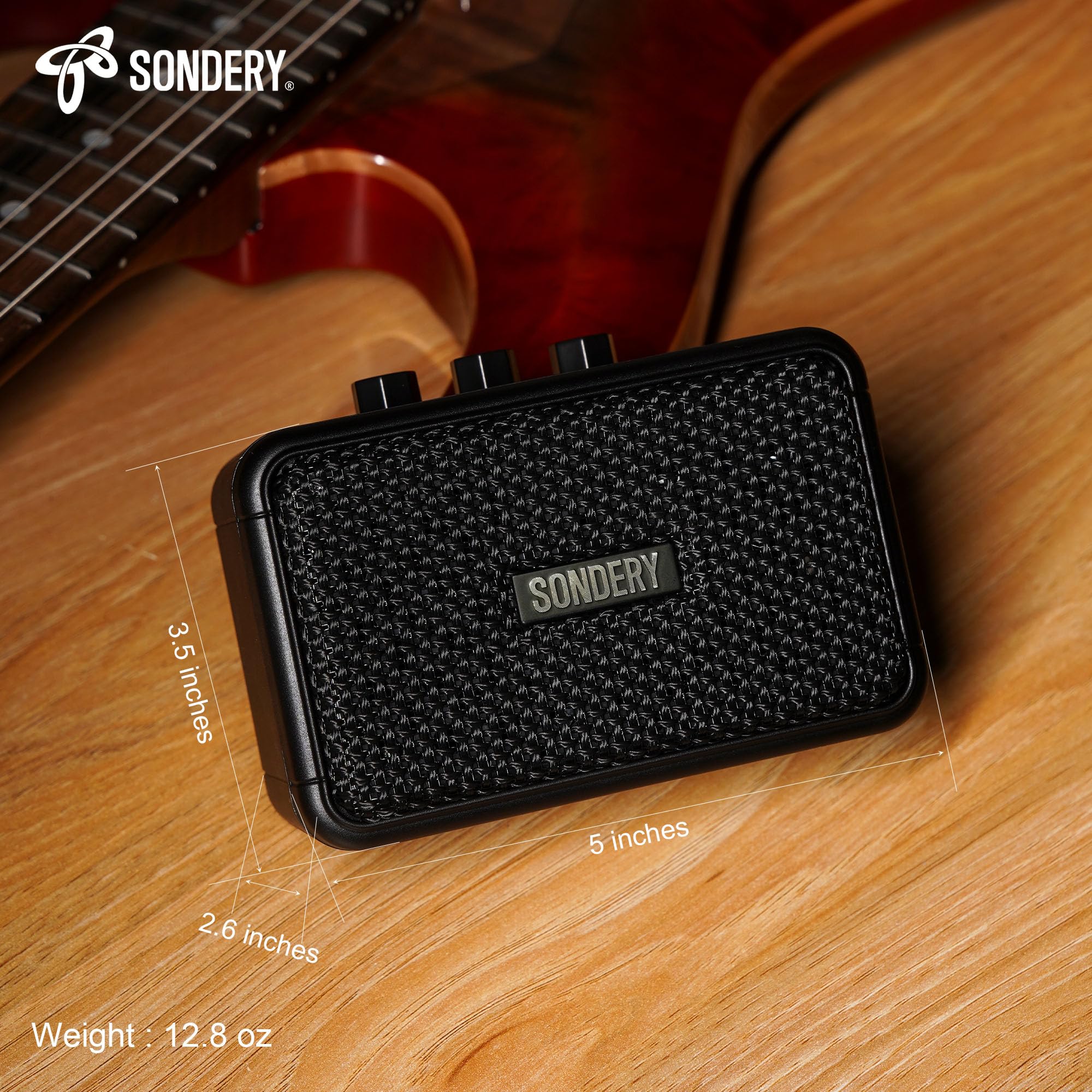 Sondery Mini amplificador de guitarra portátil, amplificador eléctrico pequeño recargable de 5 W | Con efectos de sobremarcha/limpieza y Bluetooth, dos altavoces, para practicar y viajar, color negro