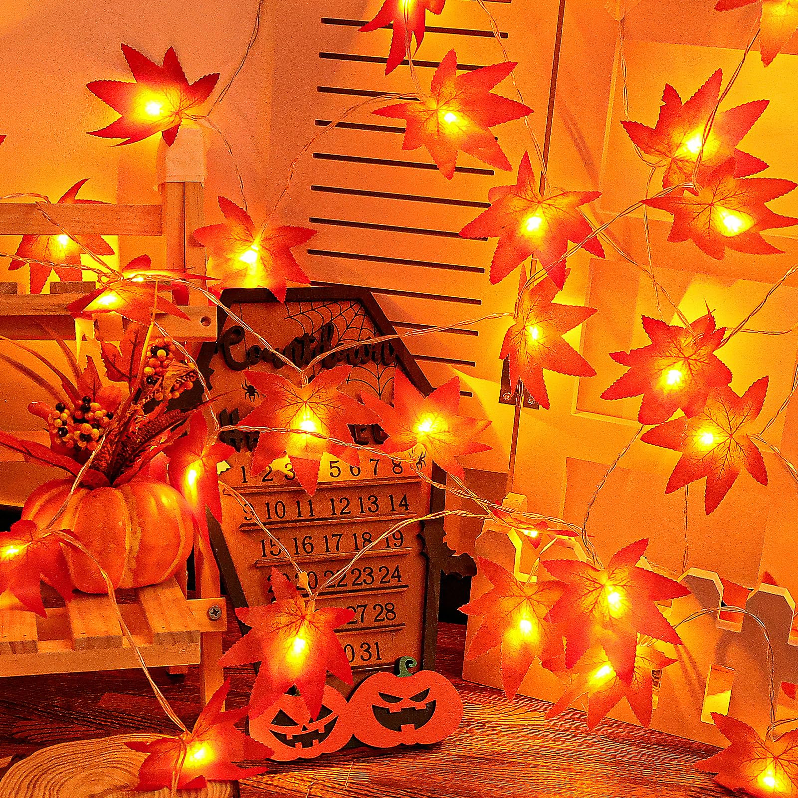 Lincentra Maple Leaves Fairy Lights, 3M 20LED Halloween String Lights Battery Operated with Timer, Autumn Leaf String Lights for Thanksgiving, Halloween, Christmas, Party Decoration Table Decoration