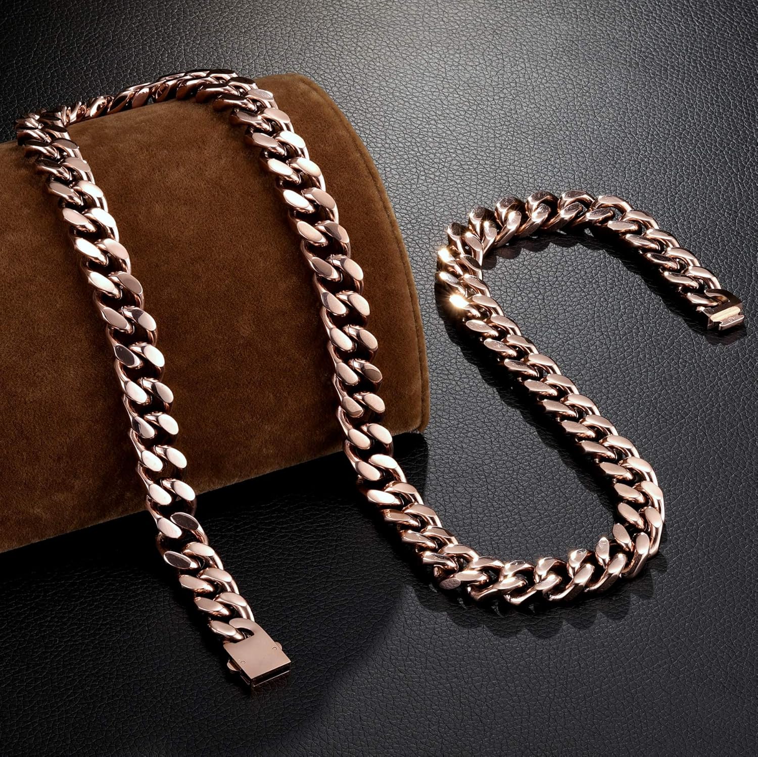 ROWIN&CO Men's Miami Cuban Chain Necklace Rose Gold Plated 16mm Chunky Stainless Steel Cuban Curb Link Collar, Hypoallergenic Hip Hop Jewelry, 20-30 Inch, Gift Box - Image 3