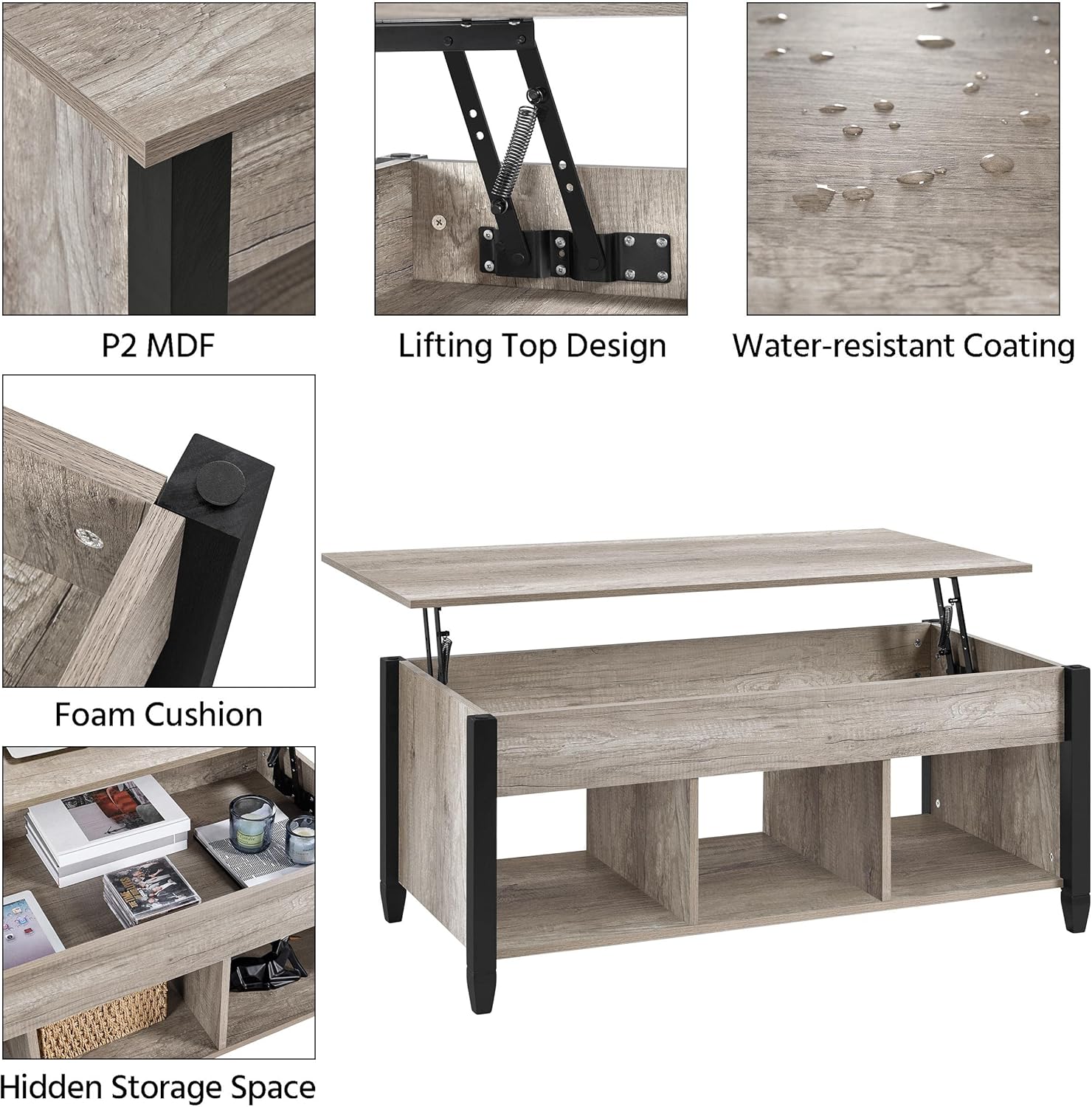 Yaheetech 47.5in Lift Top Coffee Table with 3-Tier Sofa Side End Table, Wood Coffee Table w/Hidden Compartment and 2pcs End Table with Shelf, 3-Piece Living Room Table Sets, Grey : Home & Kitchen